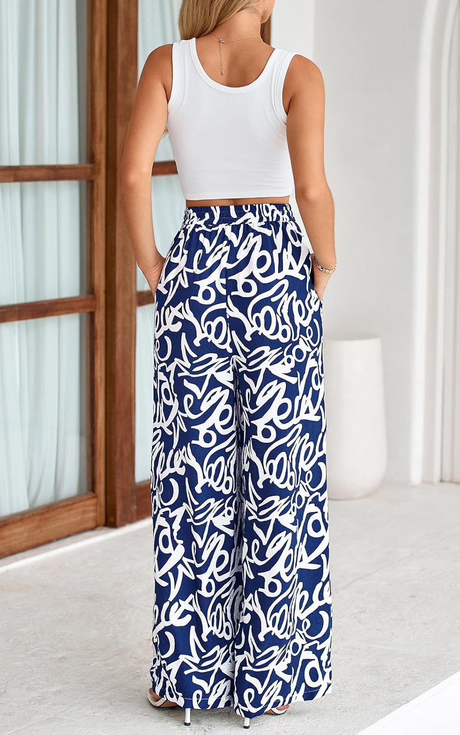 PRETTYGARDEN Womens Pants Elastic Waist Floral Lightweight Palazzo Pants for Women Casual Lounge Wide Leg Pants Woman - Image 5