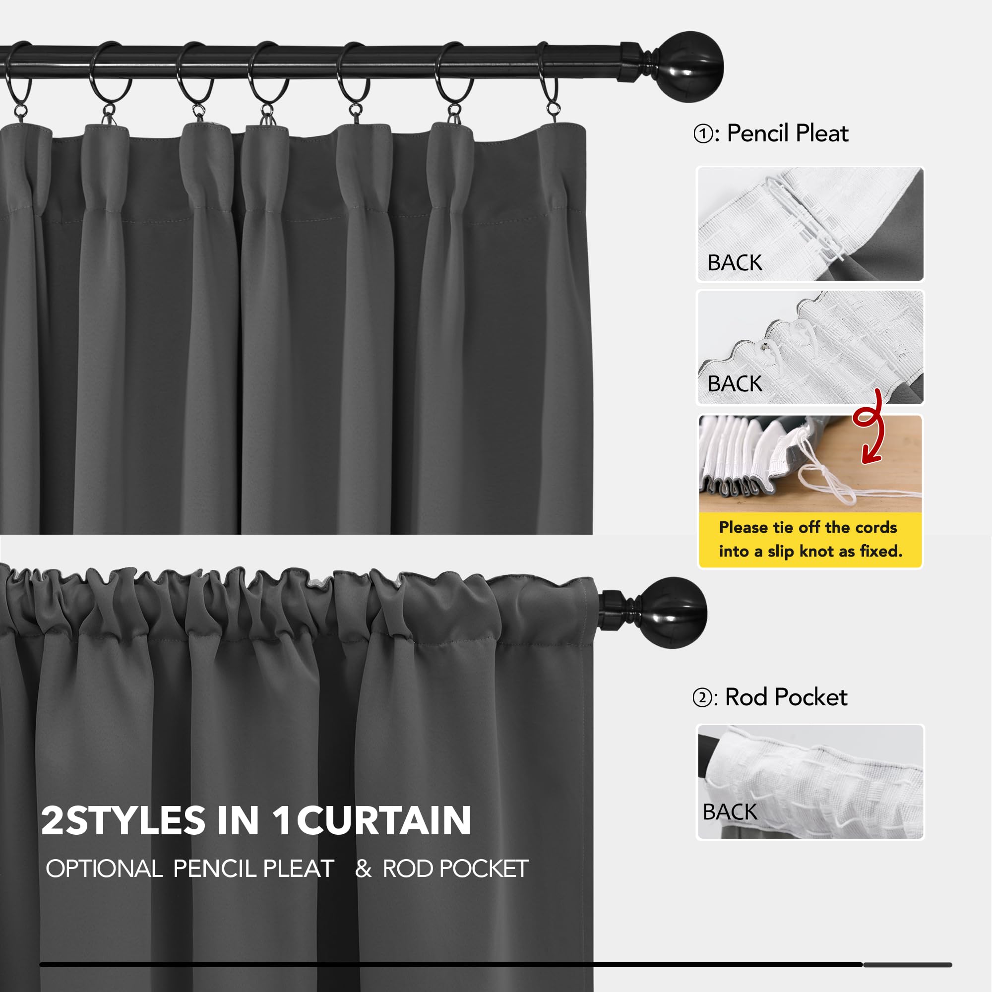 Deconovo Cortinas Opacas Térmicas para Dormitorio y Salón, 2 Piezas 140x260 cm, Cortinas Modernas con Cinta Fruncidora, Aislantes de Frío y Calor, Gris Oscuro, Oeko-Tex Standard 100
