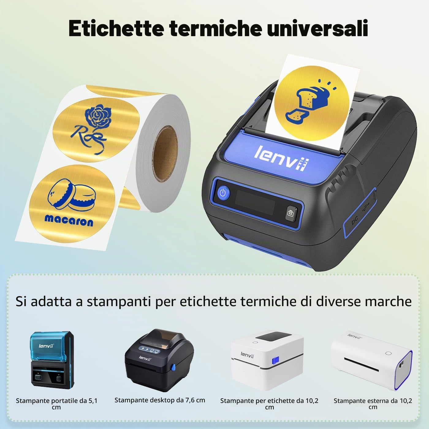 LENVII Carattere Blu 50mm x 50 mm (2" x 2") Etichette Termiche Rotondo Dorate 1040 Fogli - 8 Rotoli × 130, Adesivi Resistenti a Strappi/acqua/Olio/Graffi per Loghi, Etichettatura di Prodotti/Regali