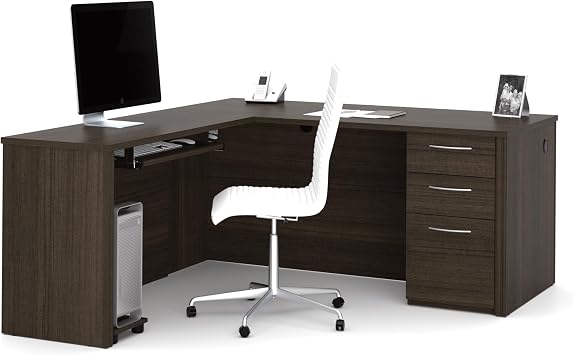 Bestar Embassy 66W L-Shaped Desk with Pedestal in dark chocolate | With Pedestal; 1 file drawer; for home office use; Manufactured Wood construction; Traditional style