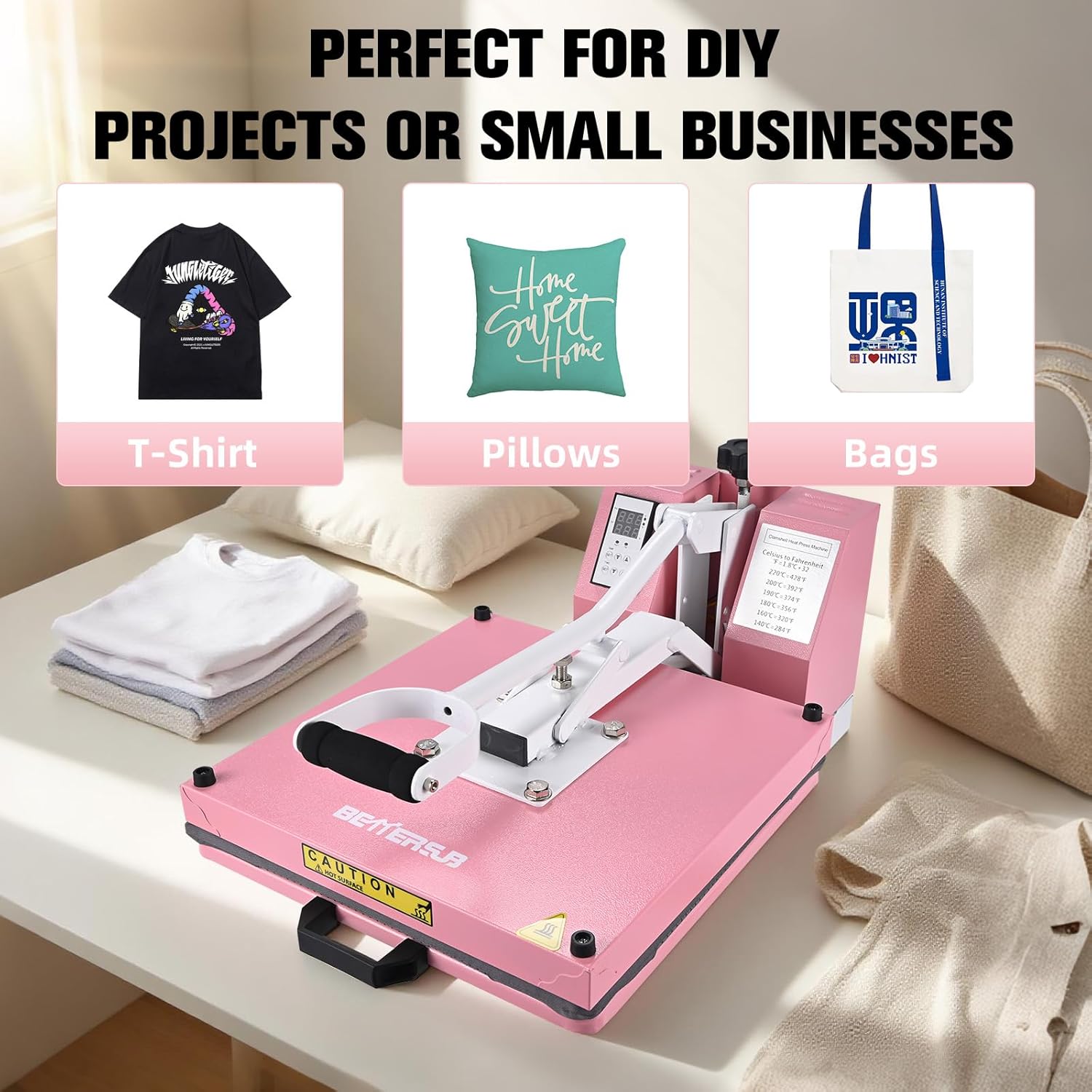 BetterSub Industrial 15"x15" Clamshell Heat Press Machine for T-Shirts, Sublimation, Vinyl & HTV - Digital Control, Non-Stick Teflon Plate, Safety Features for DIY/Home/Business (Pink)