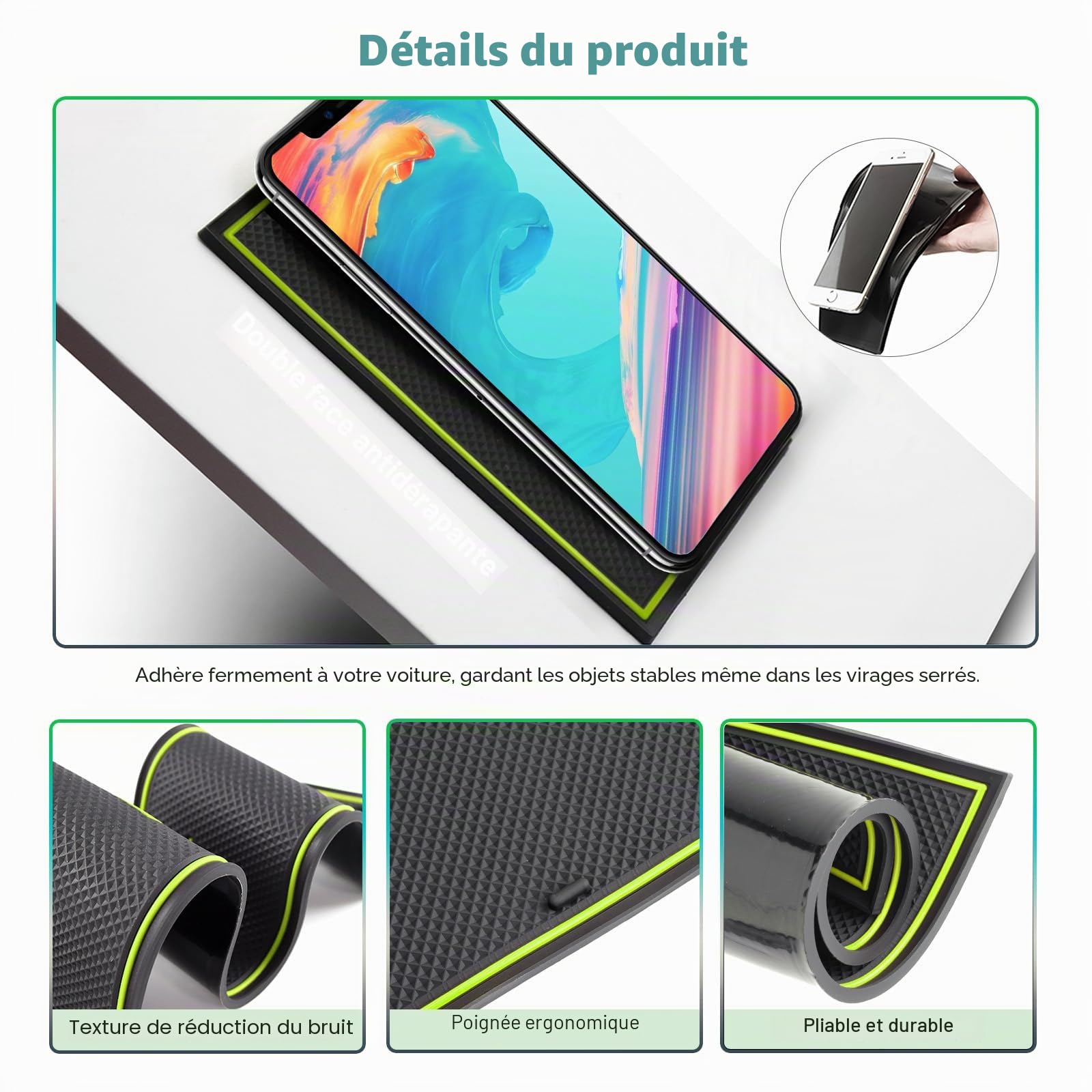 GAFAT Peugeot 208 e-208/ Peugeot 2008 e-2008 2020-2024 2025 Tapis Antidérapants, Peugeot 2008 2023 Restyling Console Centrale Accoudoir en Caoutchouc, Porte-Gobelets, Couture de Porte (Jaune-Vert 1)
