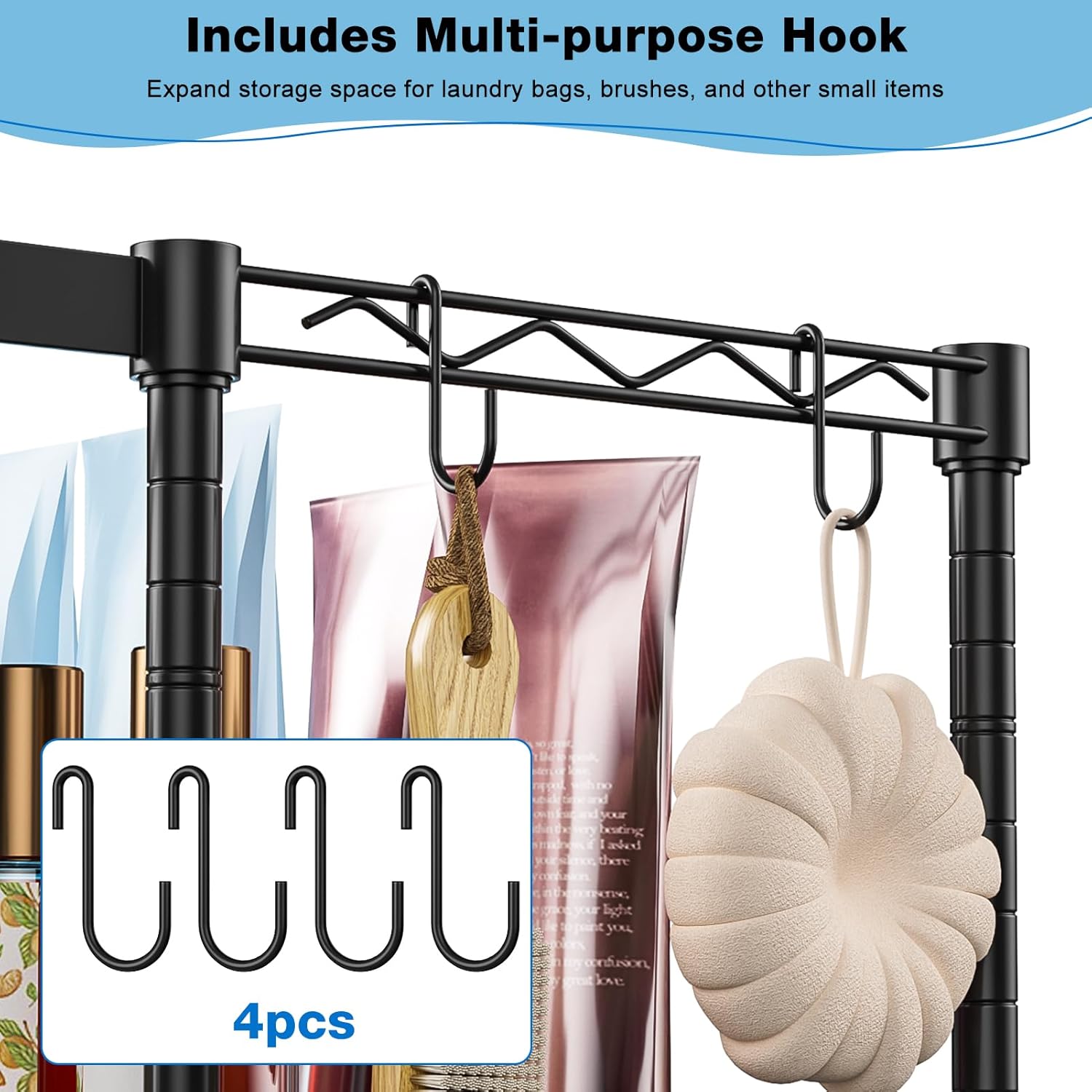 3 Tier Over Washer and Dryer Storage Shelf, Adjustable Height Carbon Steel Laundry Room Organizer with Rotating Hooks & Clothes Hanging Rod, Space-Saving Storage Rack for Laundry & Bathroom