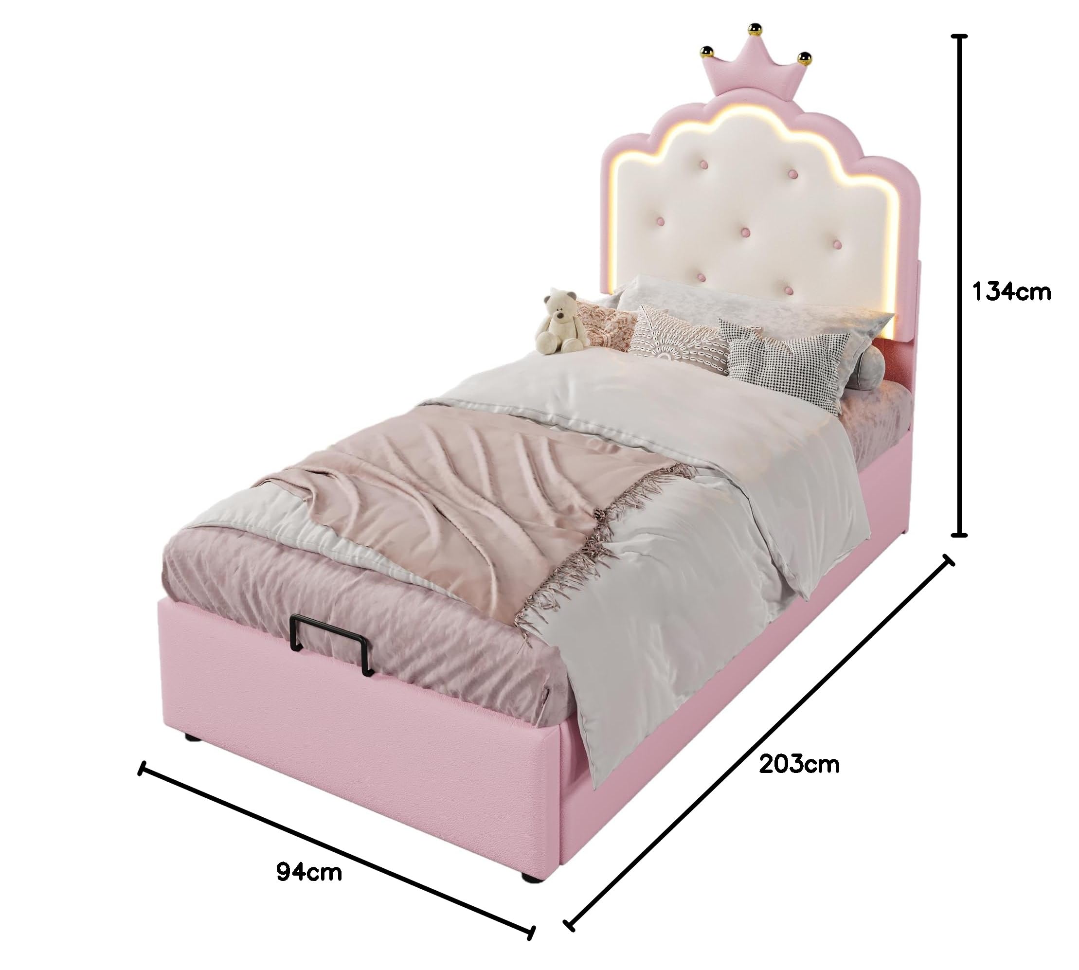 Generisch Cama tapizada de 90 x 200 cm con espacio de almacenamiento hidráulico, mando a distancia, luz LED ambiental, forma de princesa corona, rosa, ideal para habitaciones infantiles
