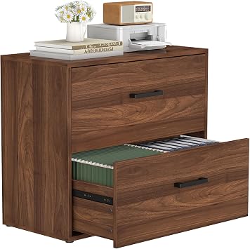 File Cabinet, 2 Drawer Lateral Filing Cabinets, Wide Office File Cabinet with Drawer for Hanging Files/Letter Size, Wood File Cabinets for Home Office School, Assembly Required, Walnut