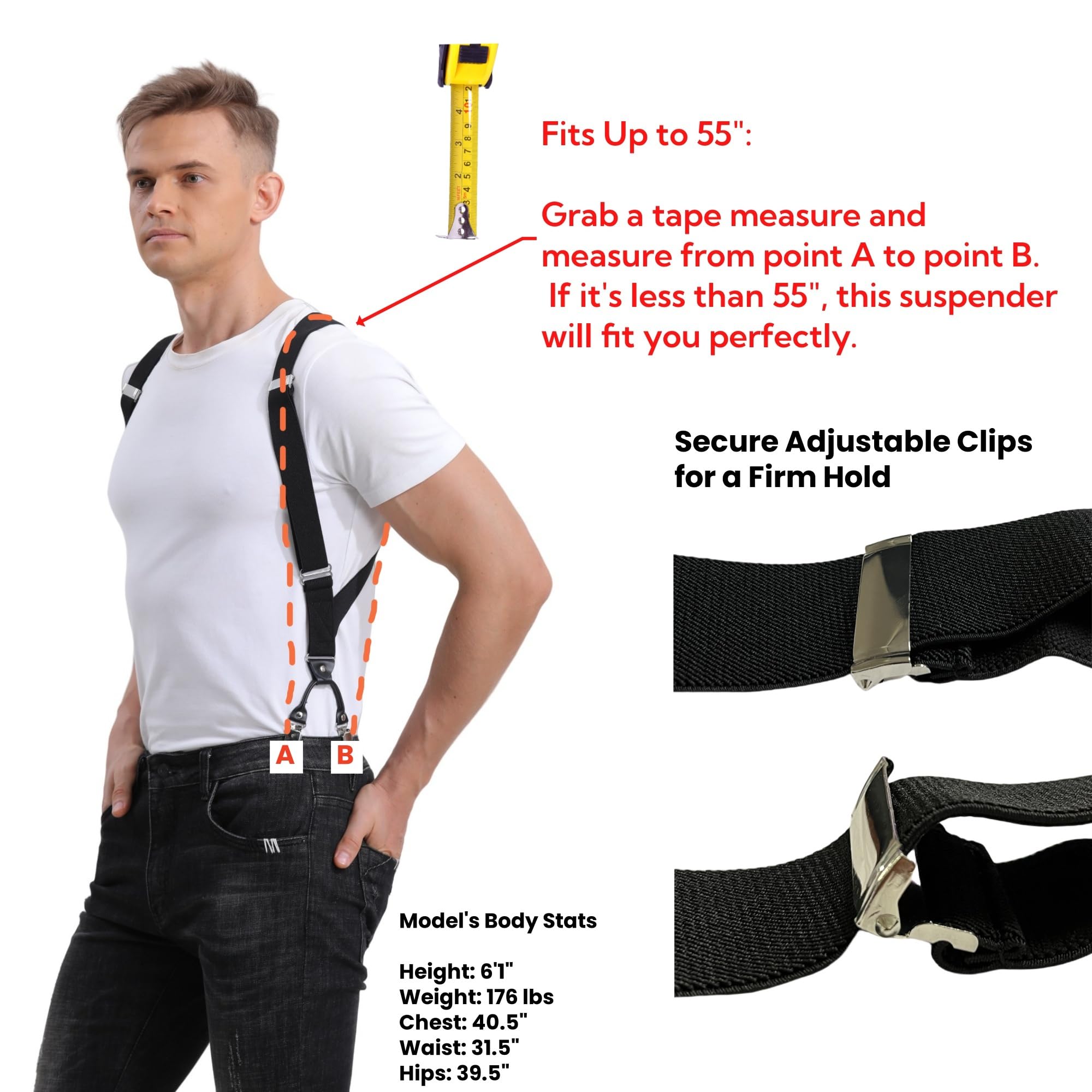 LazarsSpace Men's Side Clip Suspenders - Extra Long, Dual Clips, Perfect for Big & Tall 1.38 Inch Wide Strap- Secure Fit, Ultimate Comfort, and Belly Relief, Black