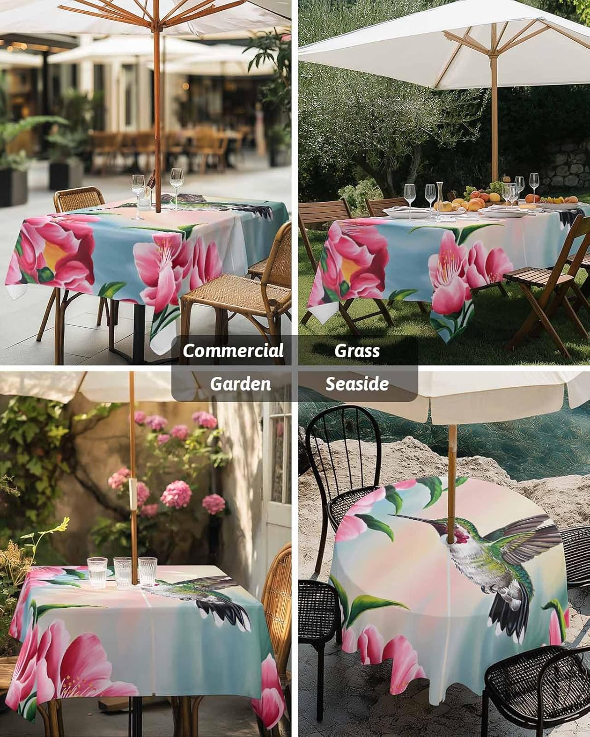 Hummingbird Rectangle Thanksgiving Table Cloth with Umbrella Hole,Zippered Pumpkin Pink Sakura Flower Tablecloth Spillproof Tablecloths,Summer Floral Patio Table Cloths for Outdoor 60x84in