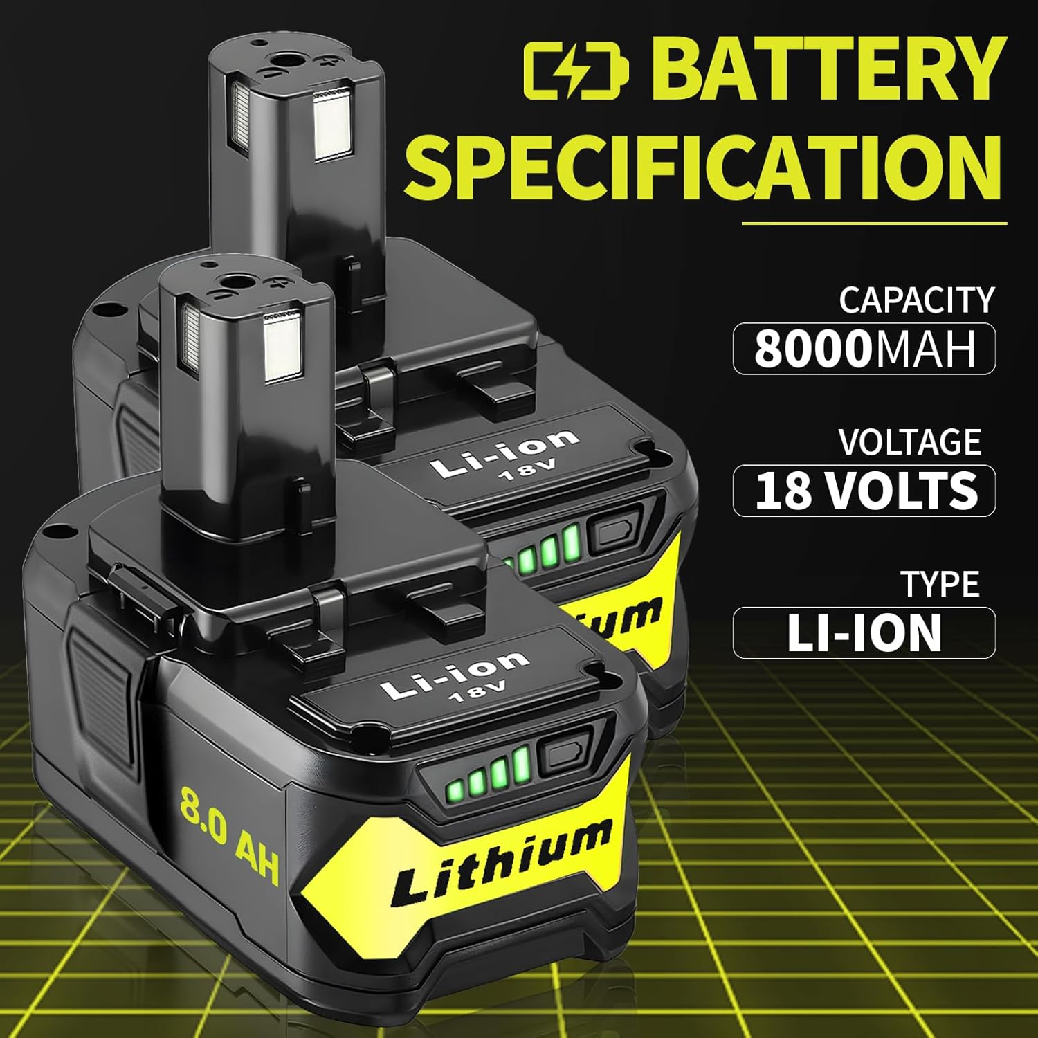 2 Packs 8.0Ah High Capacity Replacement for Ryobi 18v Battery P108 P104 P105 P102 P103 P122 P109 Li-ION Compatible with Ryobi 18V ONE+ System Cordless Power Tools and Charger - Image 2