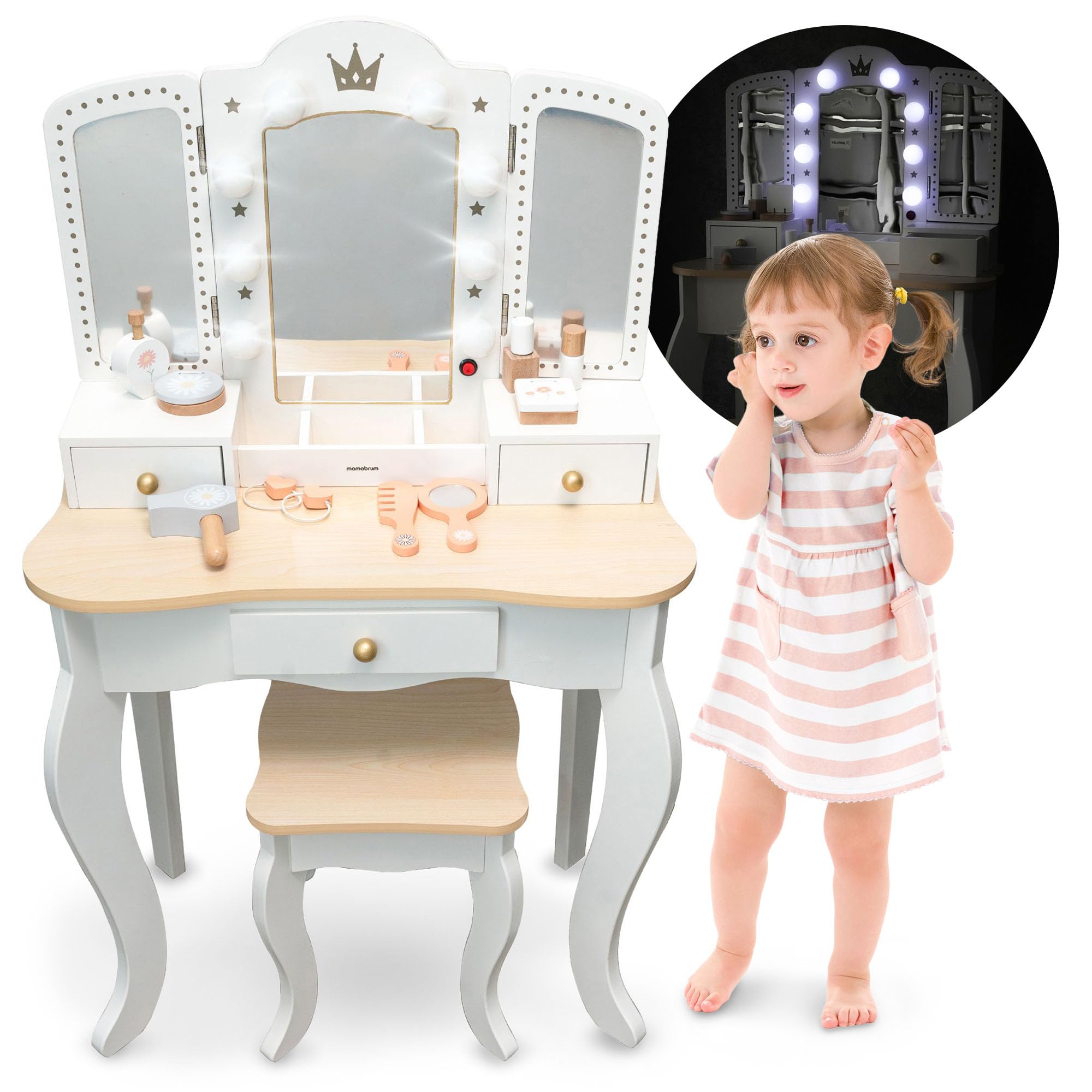 Mamabrum Coiffeuse en Bois pour Enfants 3+, XXL avec Tabouret et éclairage LED, Miroir à 3 Ailes, Grand tiroir, Accessoires, Maquillage de rôle, Structure Solide, Transformable en Bureau