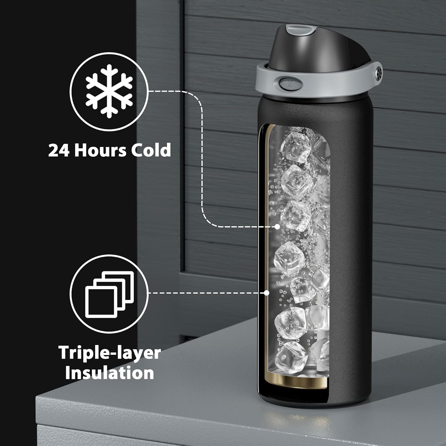 32 oz Insulated Water Bottle for Sports: Meoky Stainless Steel Water Bottle with 2-in-1 Straw and Spout Lid - Leak Proof, Cold for 24 Hours, Protective Silicone Base, BPA-Free for Gym, Night - Image 5