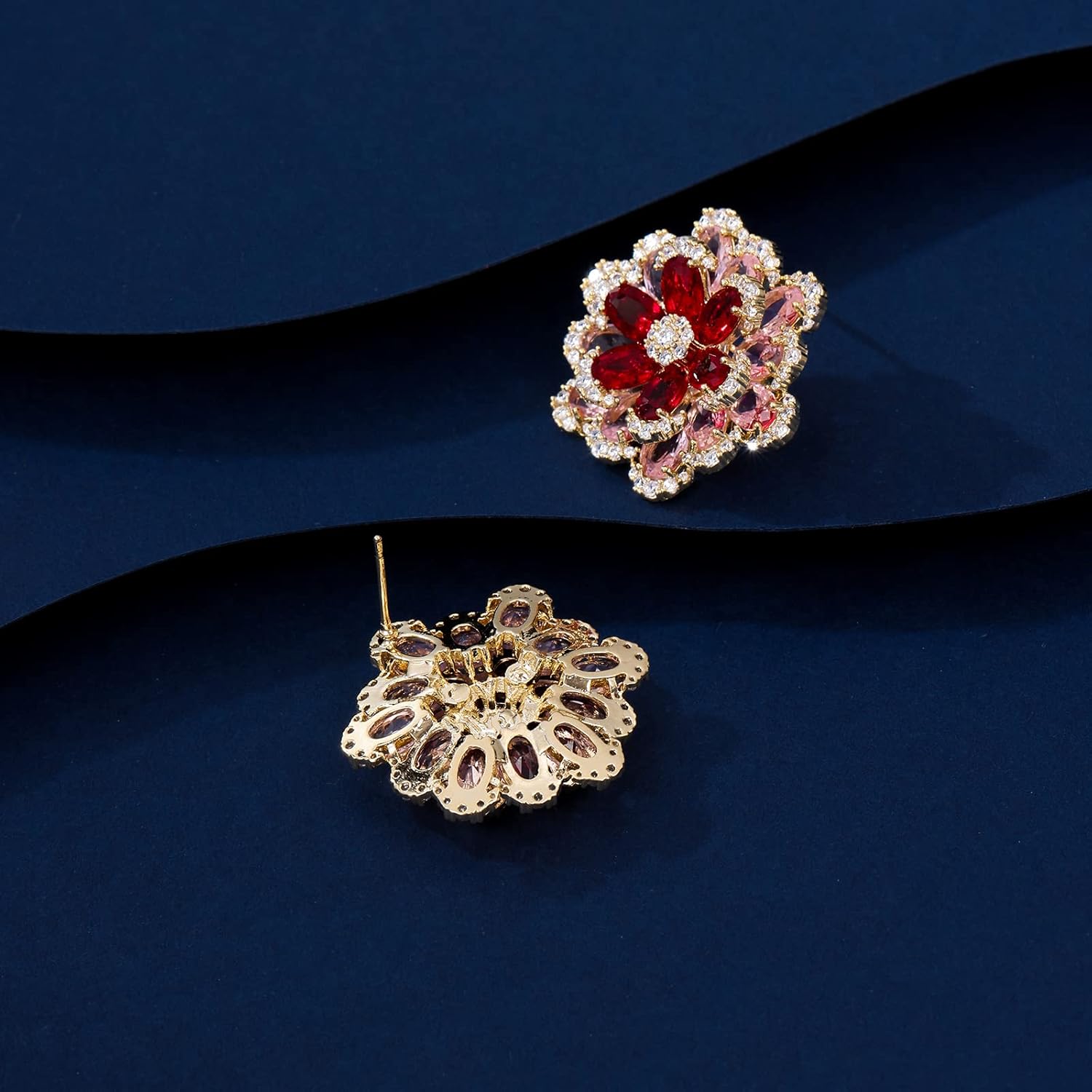 Cubic Zirconia Stud Earrings for Women, Large Sparkly Flower Earrings, CZ Crystal Rhinestone Cluster Earrings - Image 3