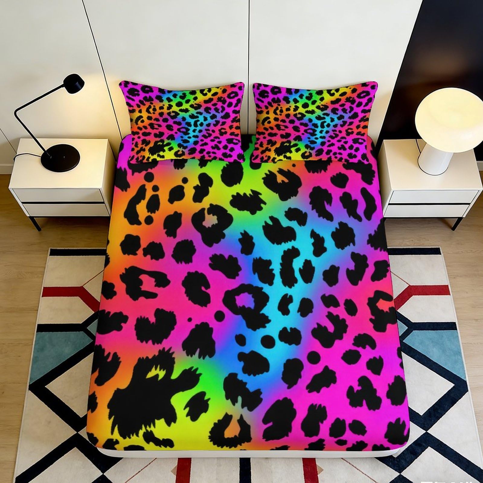 3D Printed Rainbow Leopard Fitted Sheet Microfiber Soft Breathable Neon Animal Print Mattress Cover for Bedroom Dormitory Guest Room Protection Decor 140x200x25cm