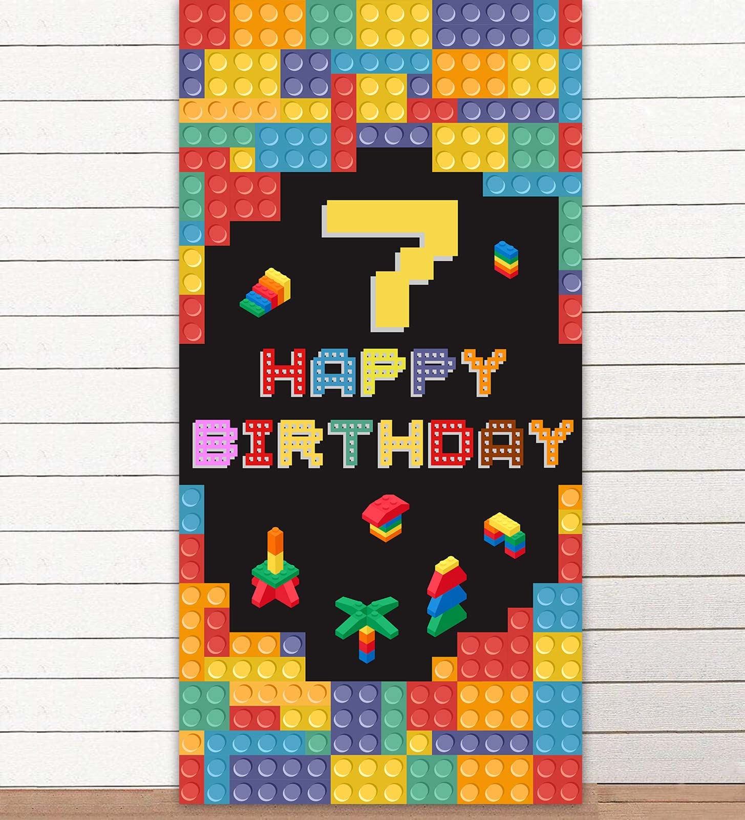Photo 1 of Colorful Building Blocks Happy 7th Birthday Banner Backdrop Background Construction Toys Bricks Blocks Theme Decor for Boy 7th Birthday Party Favors Supplies Decorations