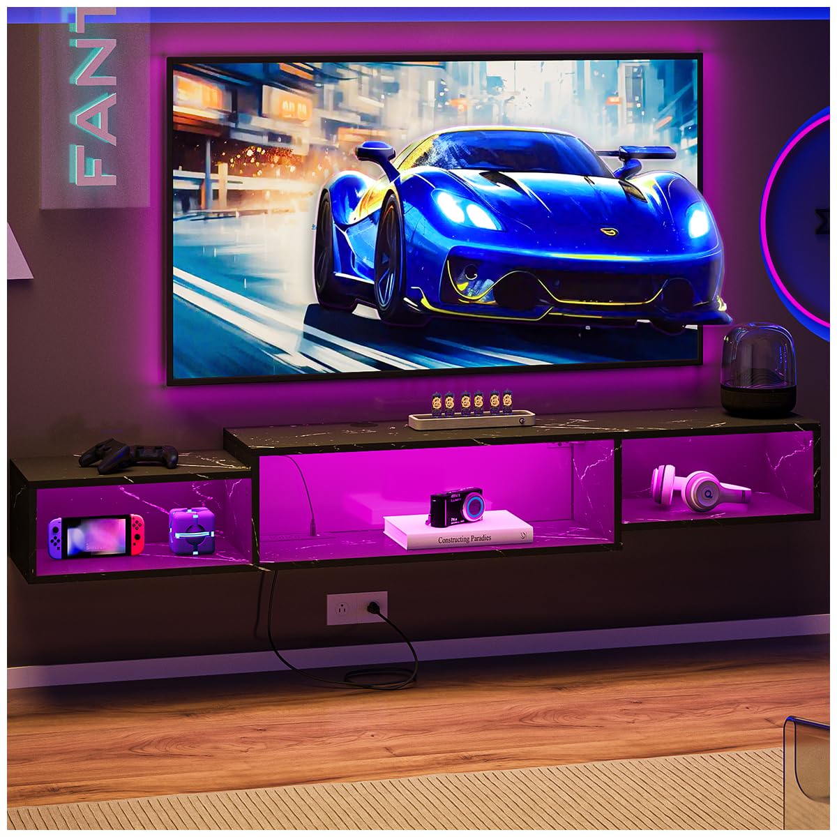 Simple Wisdom Mueble para TV,Mueble Flotante para TV with Chic LED Lights-Ideal Centro de Entretenimiento Madera con patrón de mármol Negro for Style & Functionality,Zócalo a Juego (Negro)