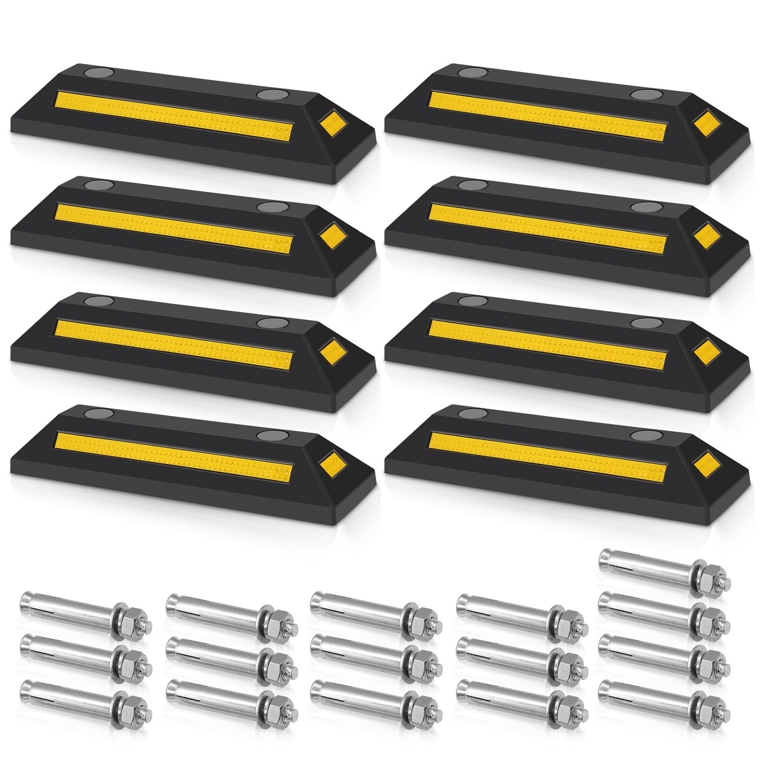 8X butée de Roue 54 x 15 x 10 cm – en Caoutchouc – 4 kg/pièce – avec Réflecteurs – Aide au stationnement Stop Roues pour Parkings, Sol Garage
