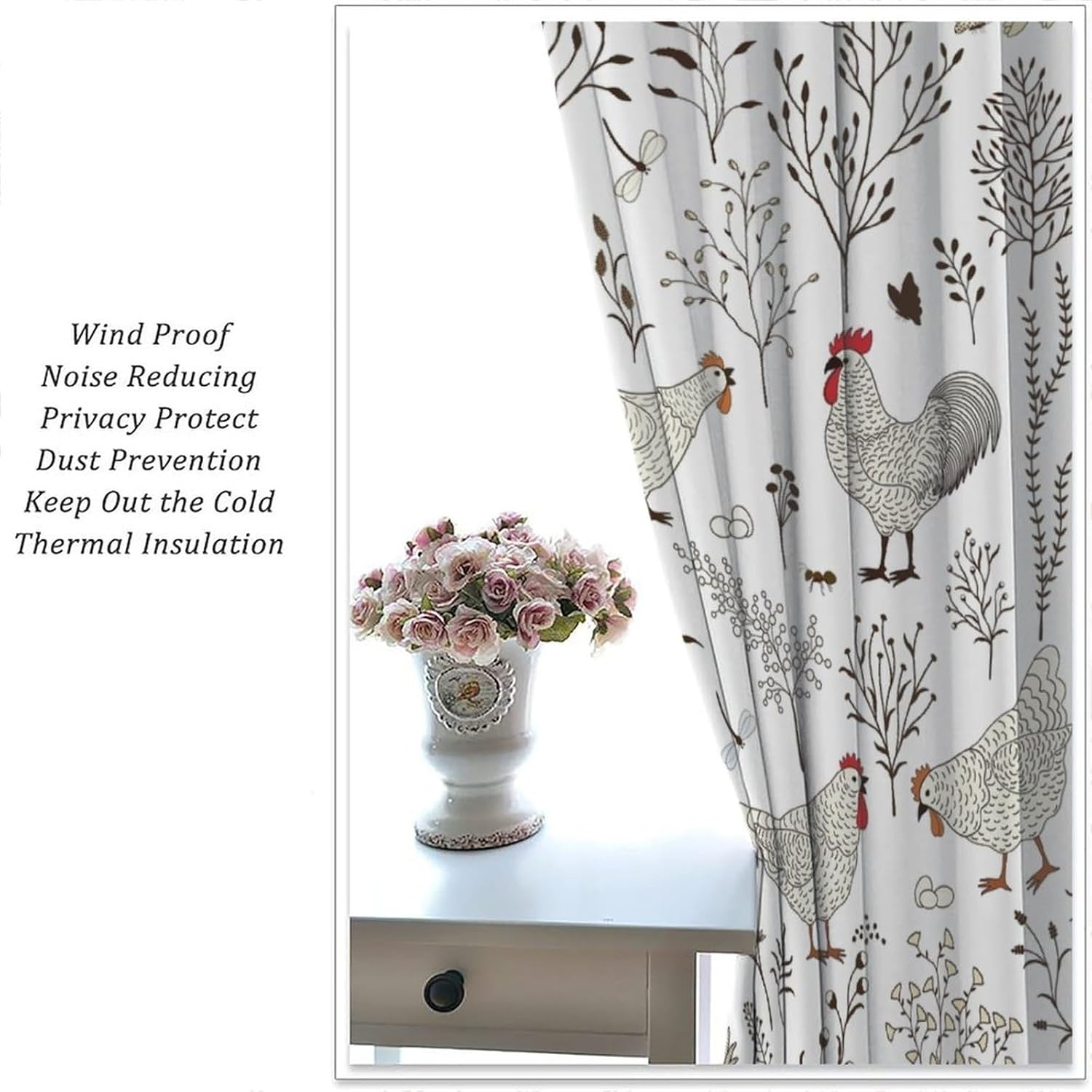 Rooster Chicken Leaves Kitchen Curtains Plant Botanical Rustic Farmhouse Vintage Pattern Print Bedroom Living Room Rod Pocket Window Drapes 2 Panels W42xL45 Inch Blackout