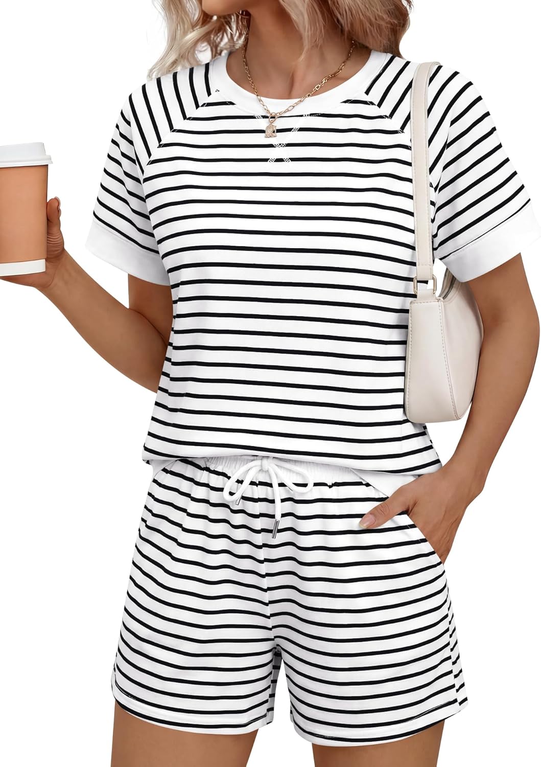 LOMON Women's 2 Piece Short Sets Summer Crew Neck Short Sleeve Matching Sets Outfits with Pockets