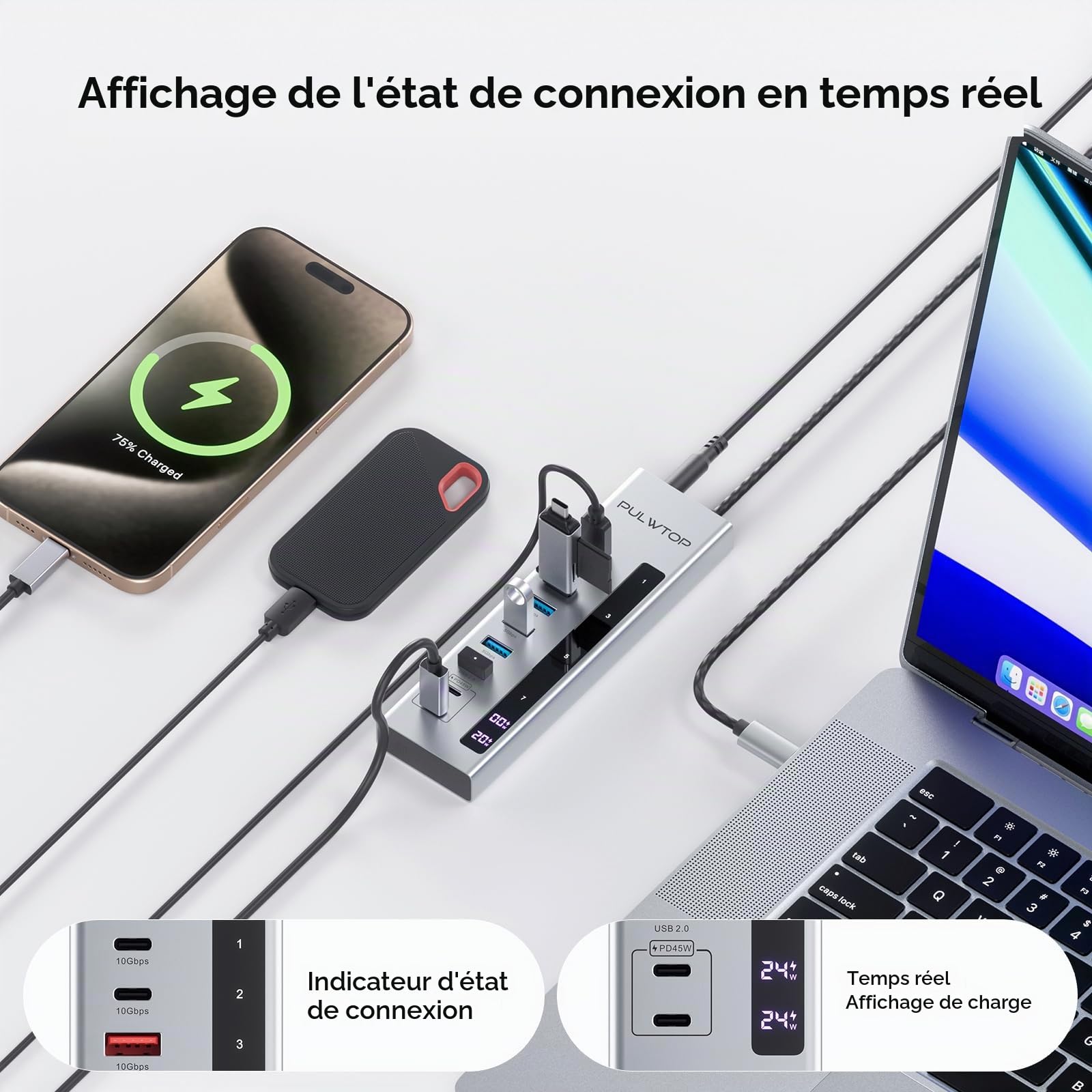 Hub USB-C alimenté, PULWTOP USB C Hub pour Ordinateur Portable, MacBook | PULWTOP USB C Data Hub avec 3 x USB A/C 10Gbit/s, 3 x USB-A 5Gbit/s, 100W PD-in, 2 x 24/45W PD Charing(Adaptateur 72W Inclus)