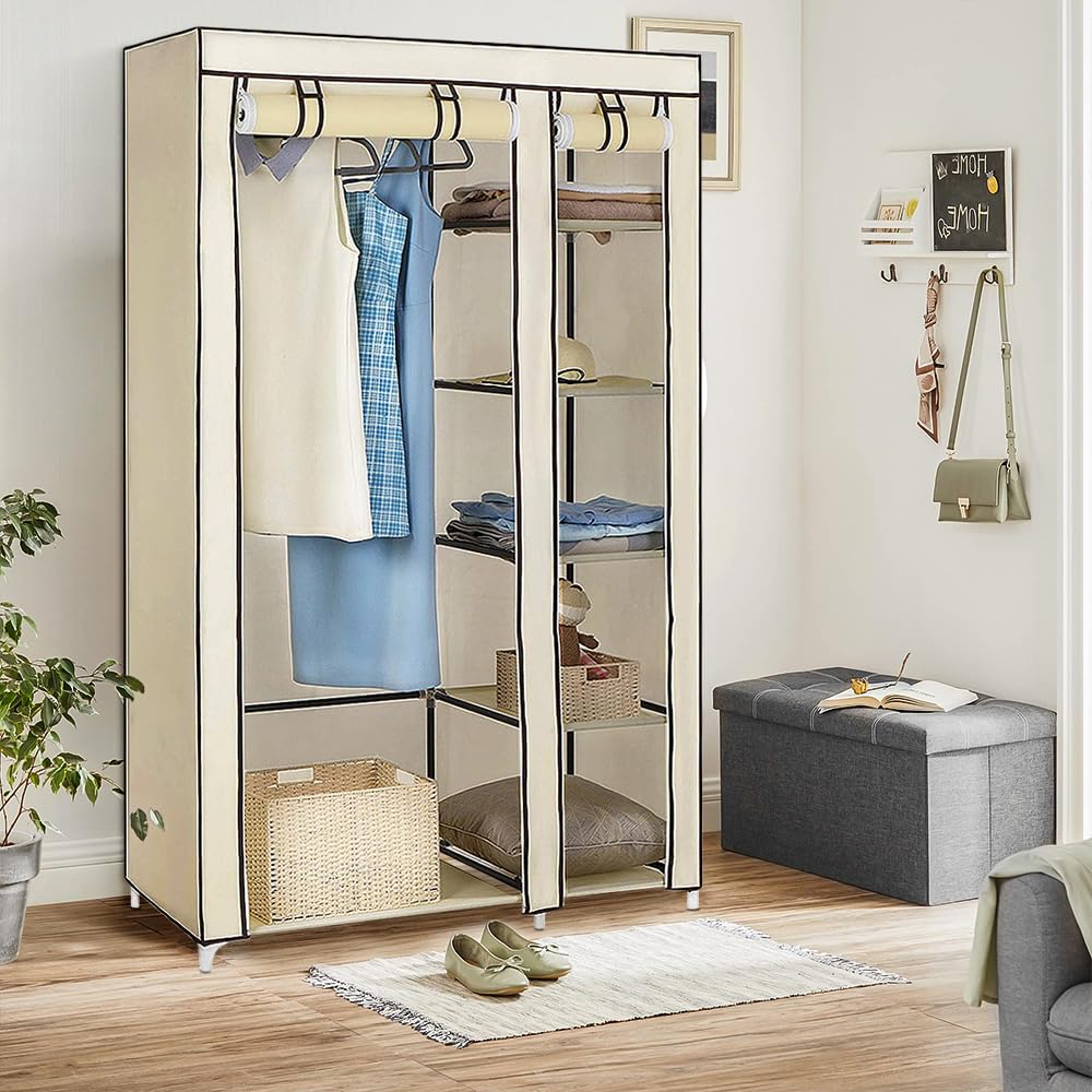 Supfine Armario de almacenamiento con barra de ropa y estantes, armario de tela para dormitorio portátil (beige, 110 x 45 x 175 cm)