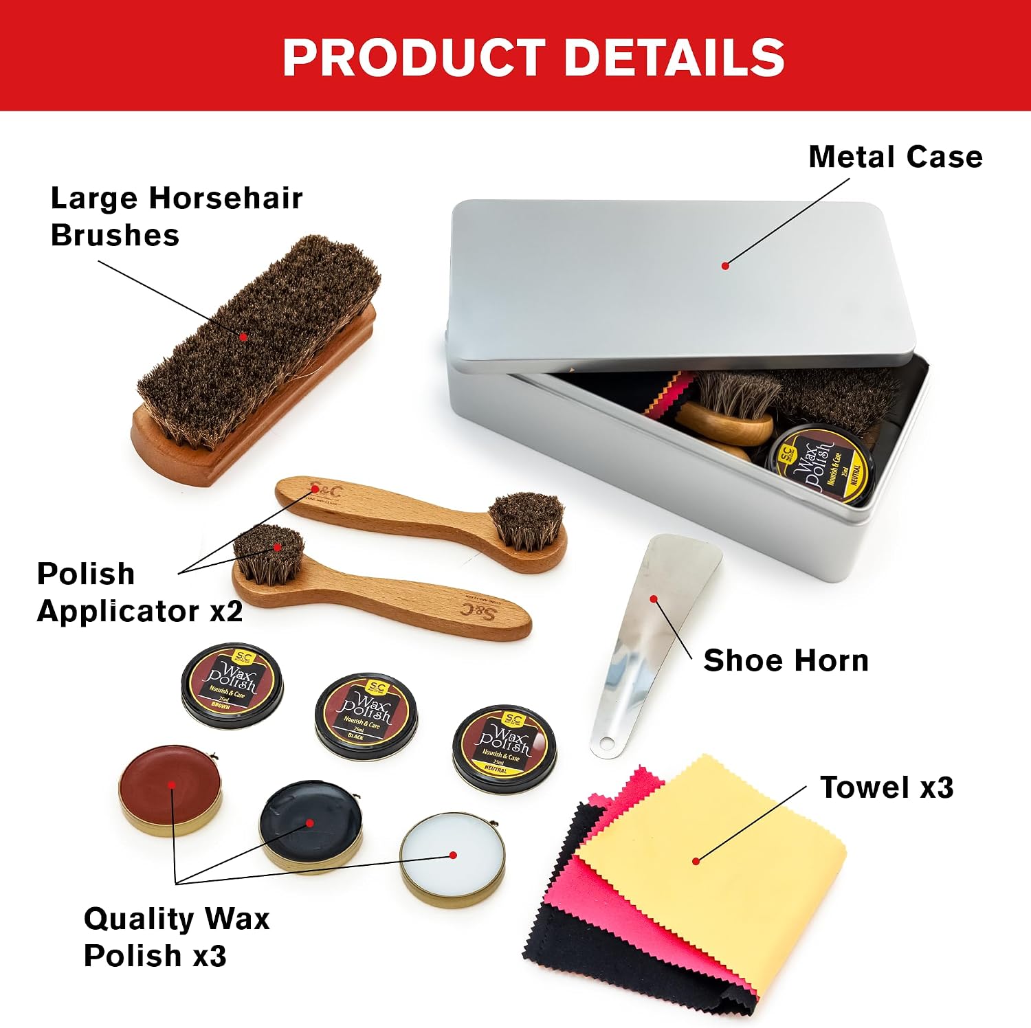 Stone and Clark Leather Shoe Shine Kit - 13 PCS Shoe Polish Kit for Complete Leather Boot Care, Compact & Travel Friendly