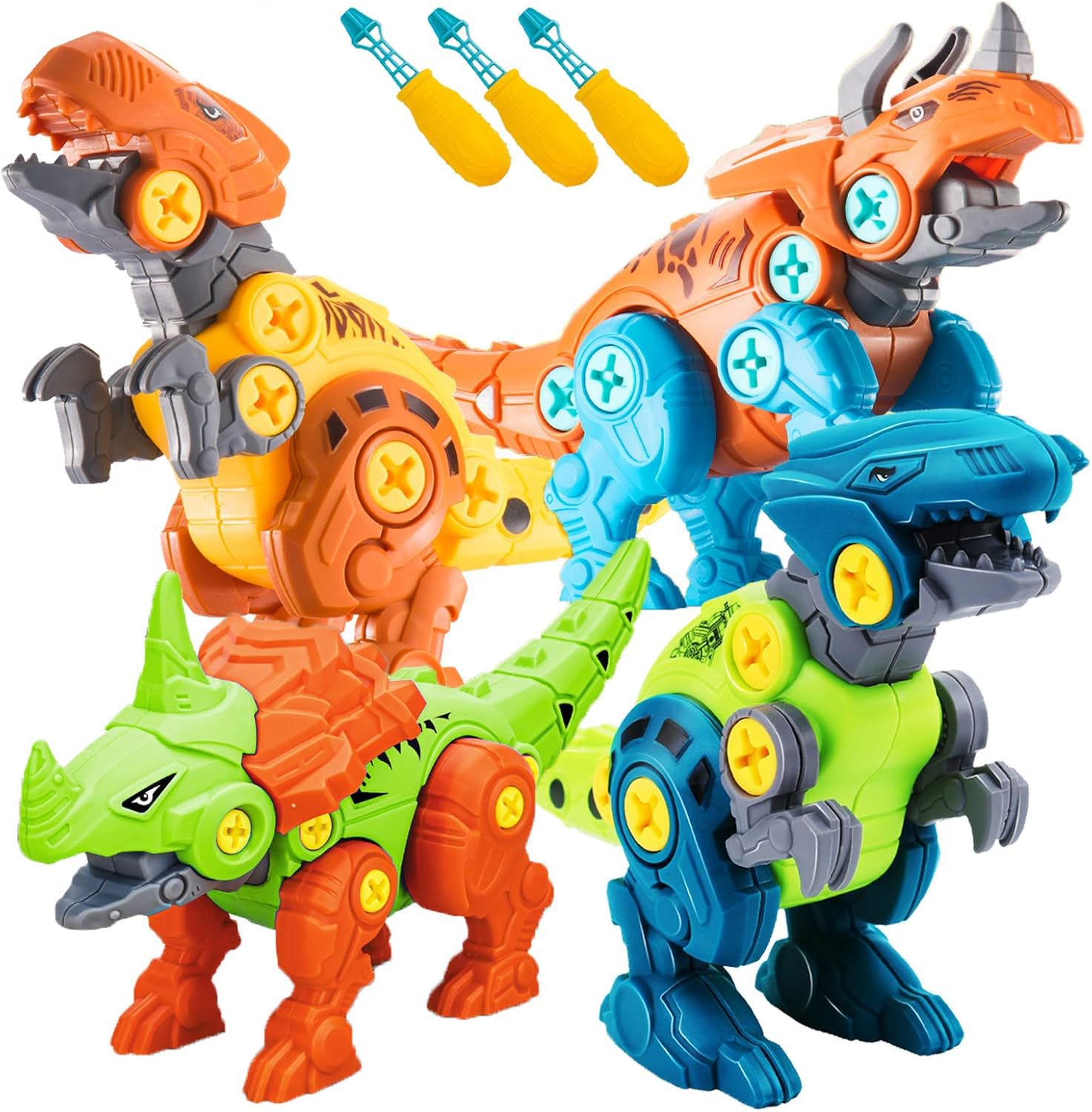 Take Apart Dinosaur Toys for Kids, 4 Packs Construction Toys Dinosaur Building with Screwdrivers, Dino Educational STEM Learning Gift for Boys Girls Aged 3 4 5 6 7
