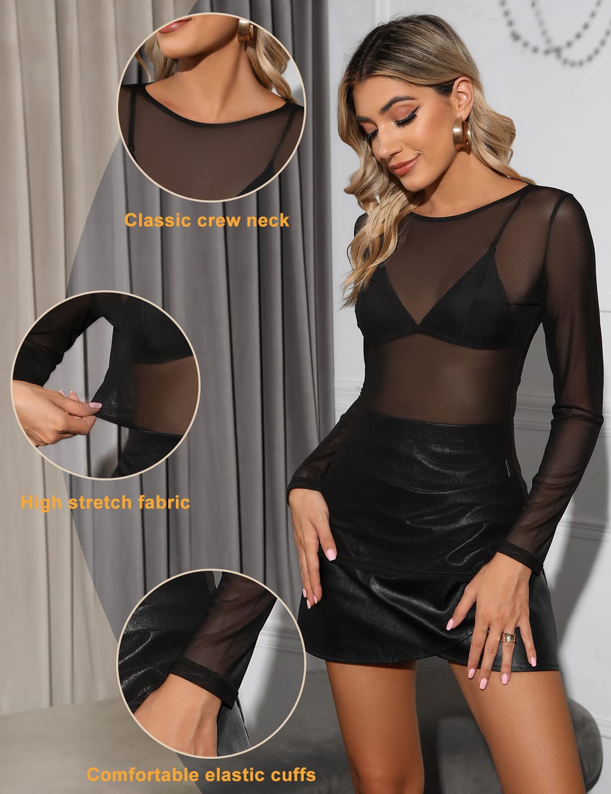 CMTOP Donna Maglie Manica Leggera Lunga Maglietta in Rete Trasparente Tops Slim Fit T Shirt in Tulle
