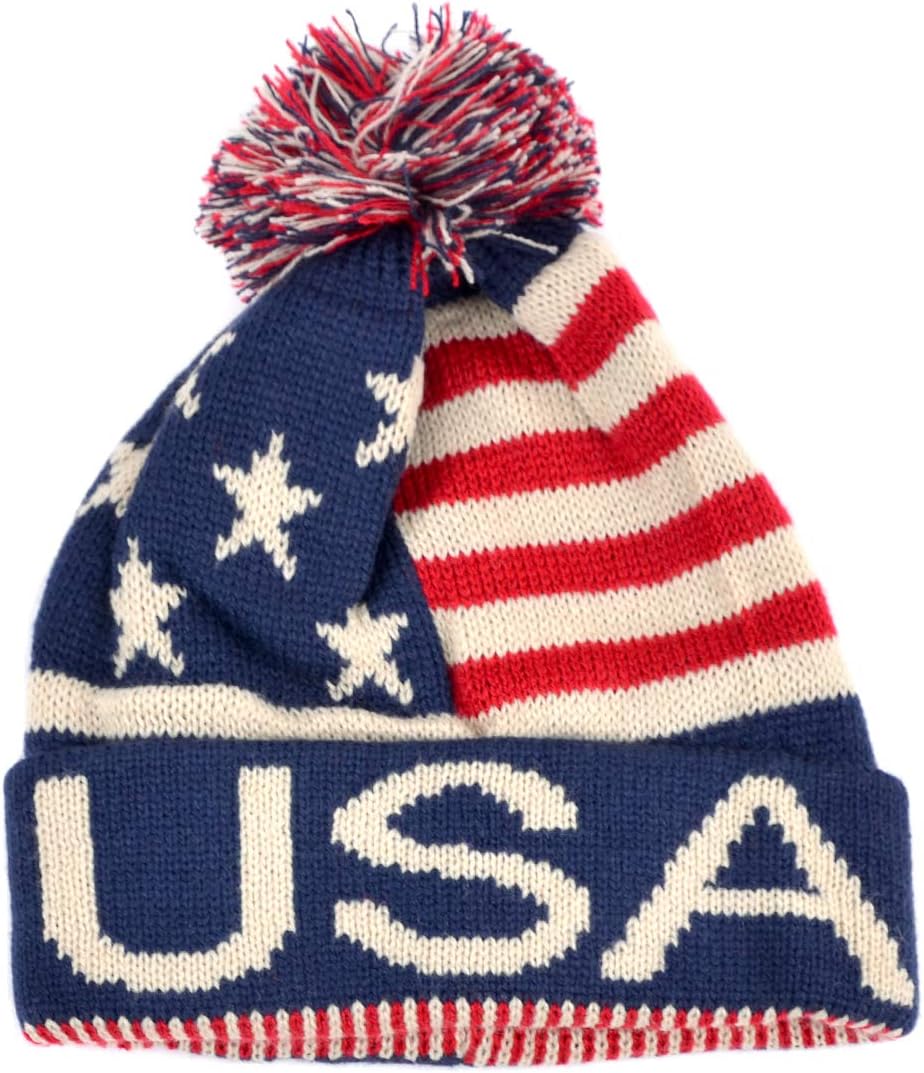 USA Winter Hat - Knit, Cuffed Beanie with Pom Pom, USA Flag Design, Warm Fun for Cold Days