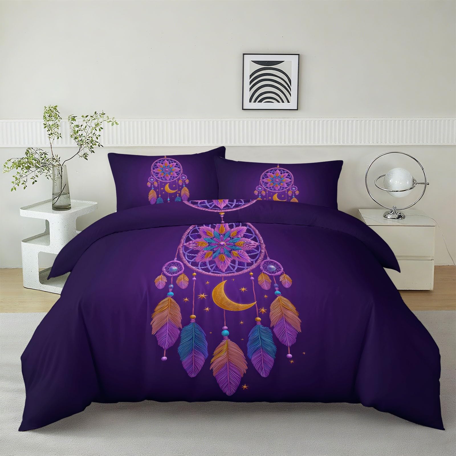 Housse de couette 140x200 attrape rêves violette en microfibre avec sa taie d'oreiller 65x65
