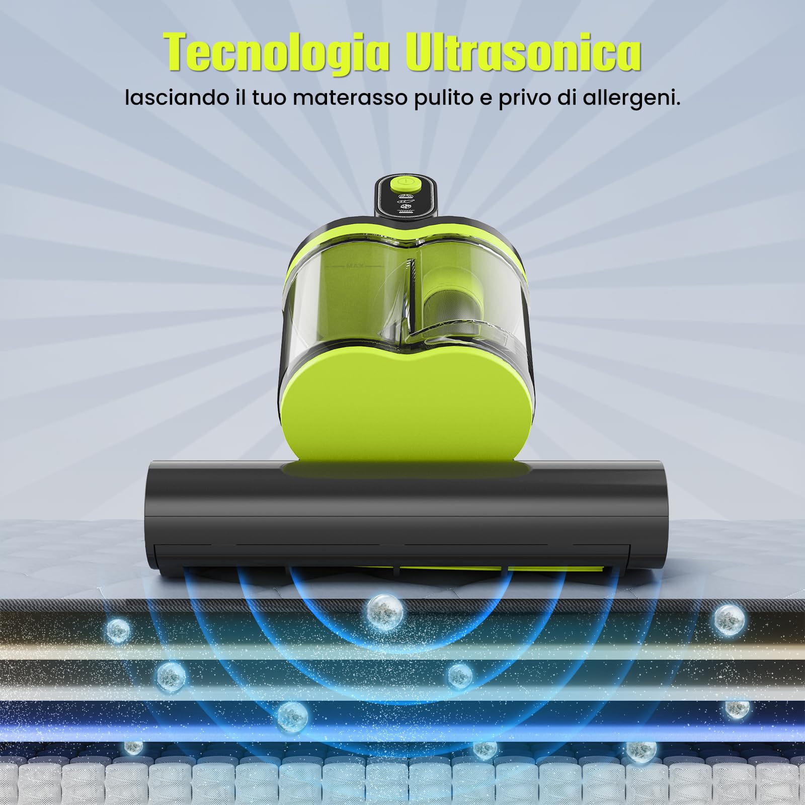 HYCHIKA Aspirapolvere per materassi - 16kPa Battimaterasso Antiacaro con luce UV-C,ad ultrasuoni,60°C, aria calda,doppio ciclone, rimuove il 99,2% degli allergeni, per materassi, letti,divani