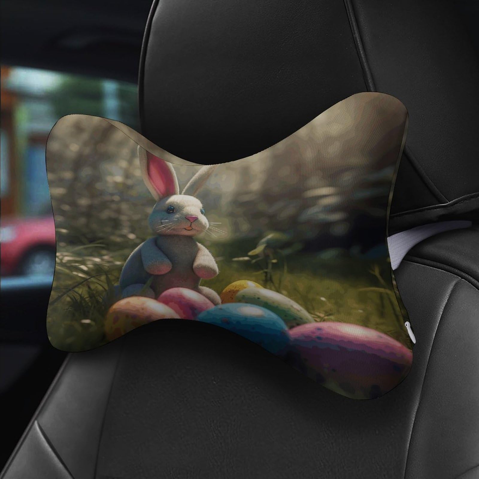 Lot de 2 coussins d'appui-tête de voiture en forme de lapin et œuf de Pâques avec housse amovible lavable pour voiture, bus, camion, confort de conduite
