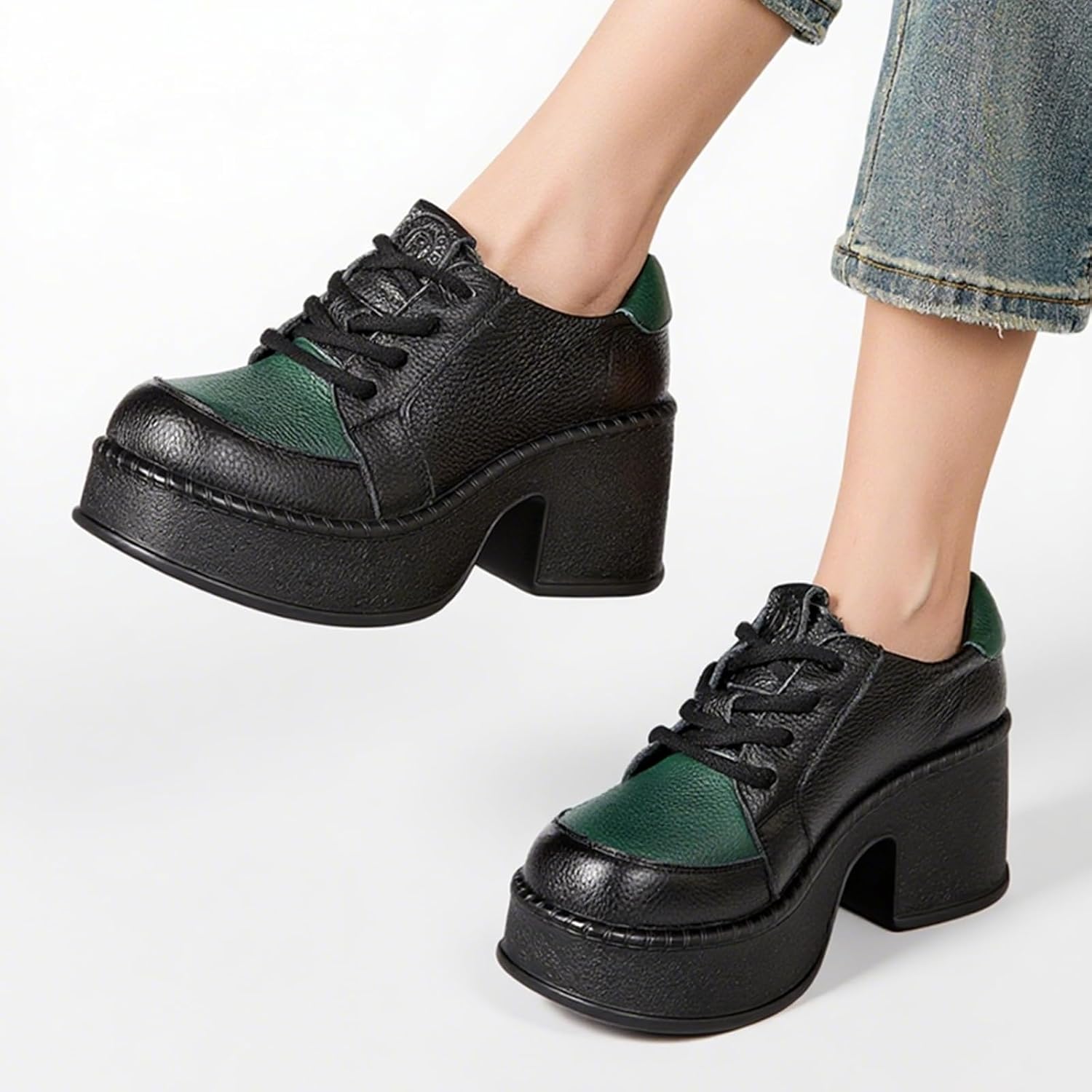 Womens Cow Leather Platform Chunky Heel Oxfords Fashion Vintage Splicing Two Color Lace Up Round Toe Thick Sole Block Heel Shoes for Dressy Daily Casual Office
