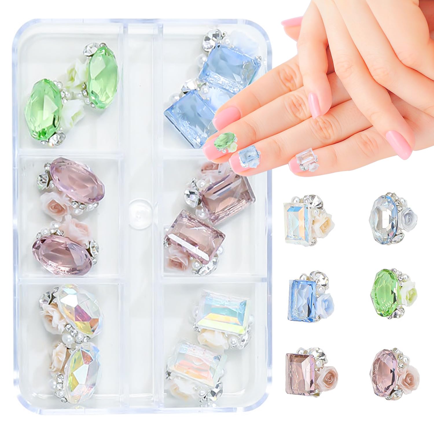 WOKOTO 12Pcs Pre-Designed Nail Art Jewelry 3D Nail Charms Crystals for Acrylic Nails Big Oval and Rectangle Nail Art Crystals Charms Gems Embeded Rose Flower Nail Art Charms and Gems Rhinestones