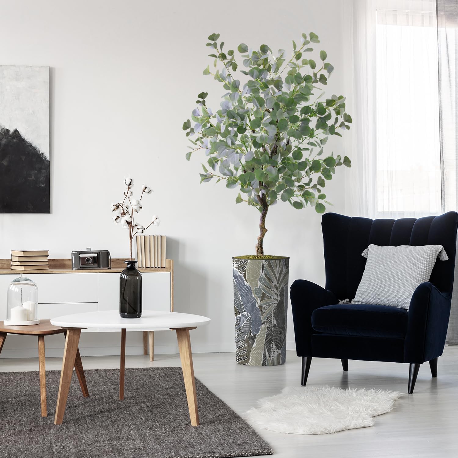 Artificial Tree in Modern Planter, Fake Eucalyptus Silk Tree for Indoor and Outdoor Home Decoration - 66" Overall Tall (Plant Pot Plus Tree)