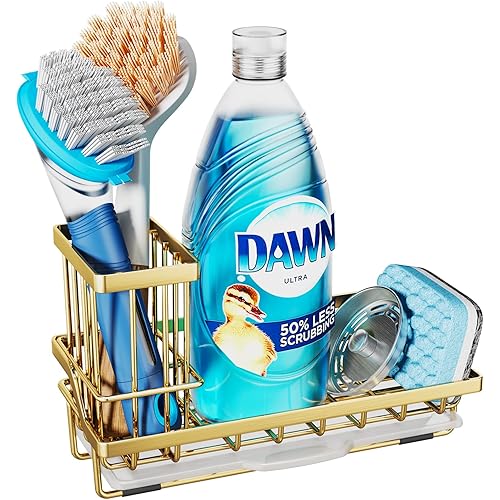Consumest Sink Caddy, Kitchen Sponge Holder + Dish Brush Holder for Kitchen Sink, Sink Organizer with Drip Tray for Countertop, Stainless Steel Rustproof - Gold