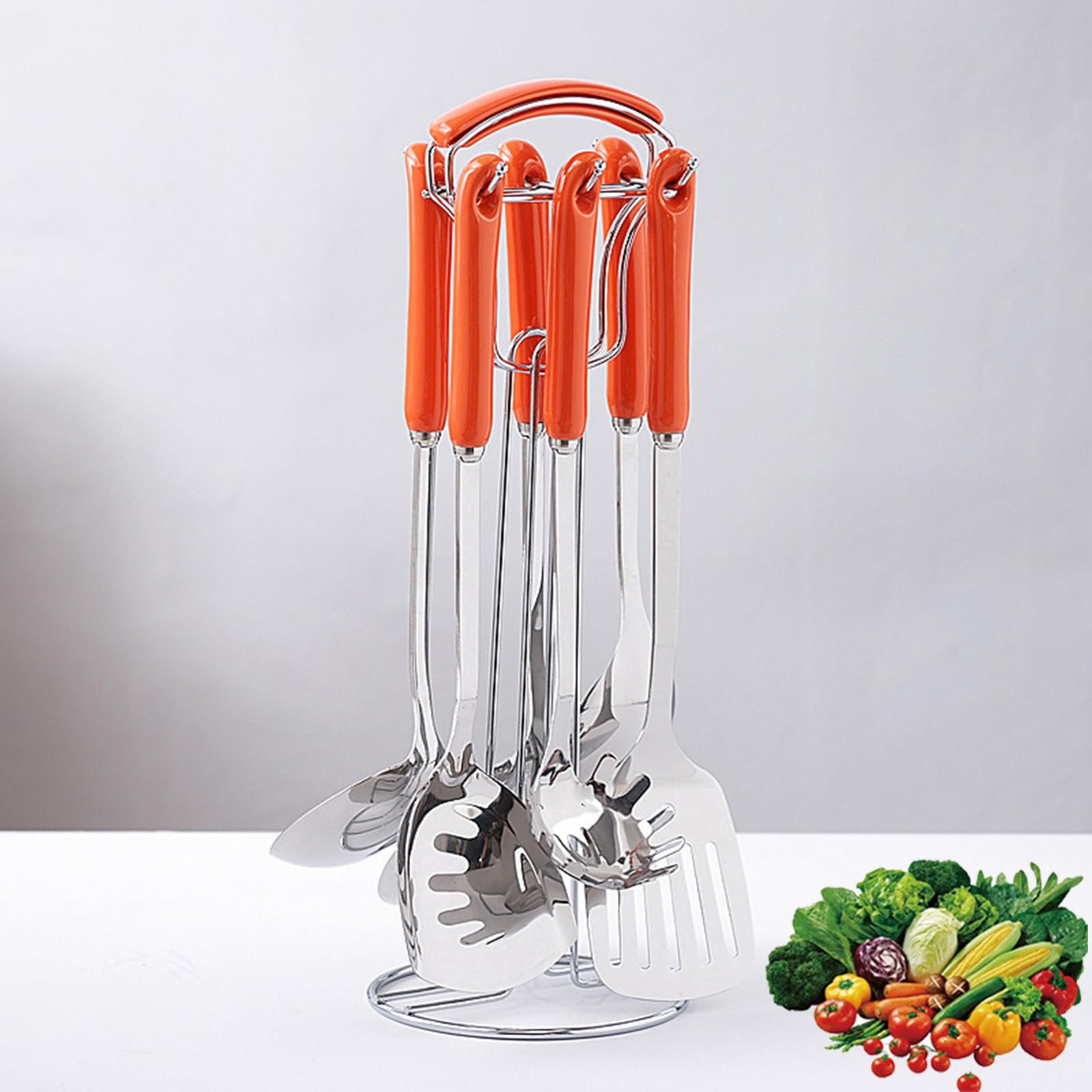 Set di 7 Utensili da Cucina in Acciaio Inox 201 con Supporto, Kit Comprensivo di Spatola E Mestolo con Manico in Ceramica Termoisolante per La Cucina Domestica Orange