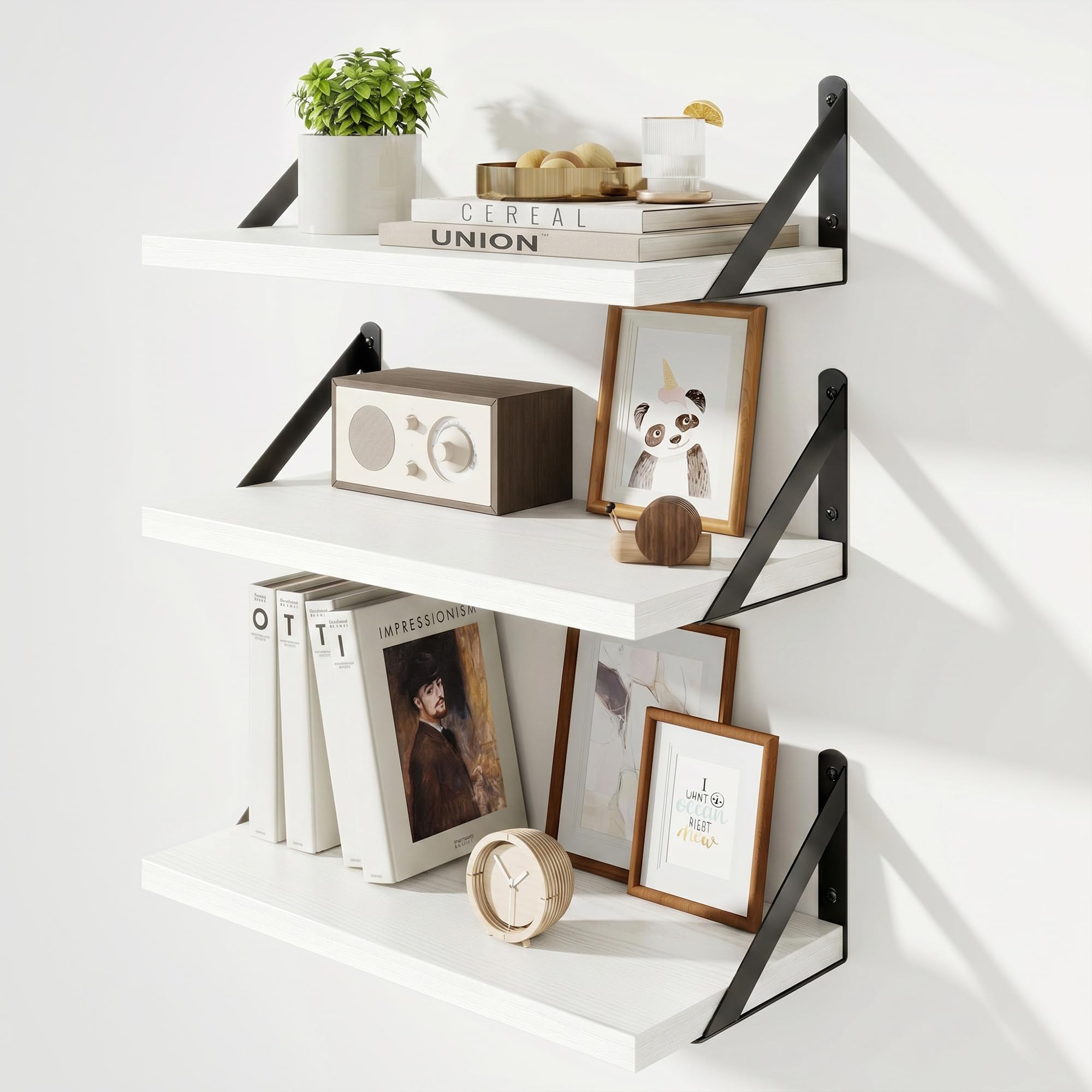 KovaScape Floating Shelves, Deep Rustic Book Shelf for Wall, 40x20 cm Wall Shelves Set of 3, Heavy Duty Metal Brackets, Wood Display Shelf for Living Room, Kitchen, Bathroom, Study, White