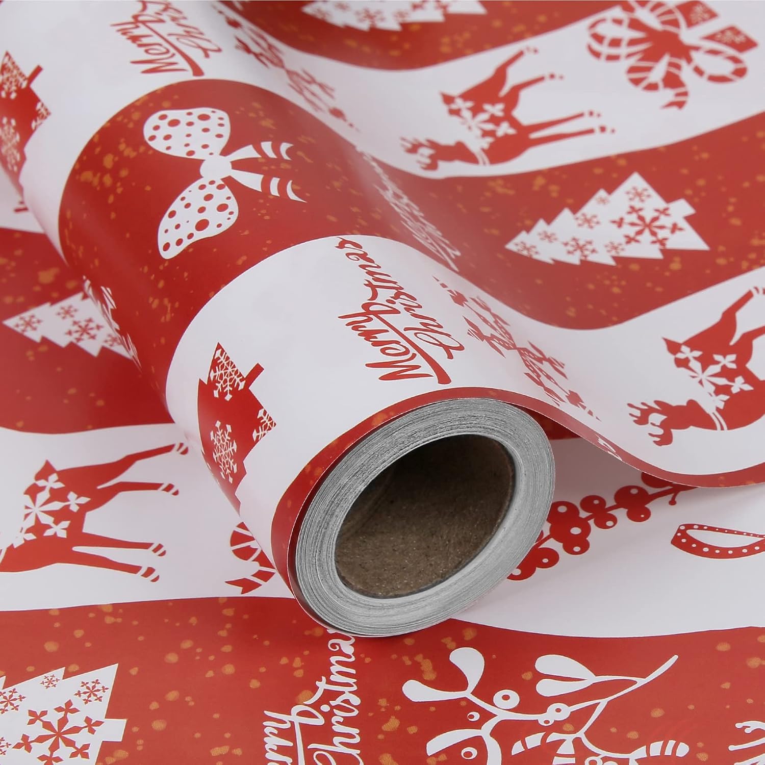 Aimyoo Red Merry Christmas Wrapping Paper Jumbo Roll, Candy Canes Rocking Horse Holly Santa Design, Xmas Gift Wrap Paper 30 in x 72 ft