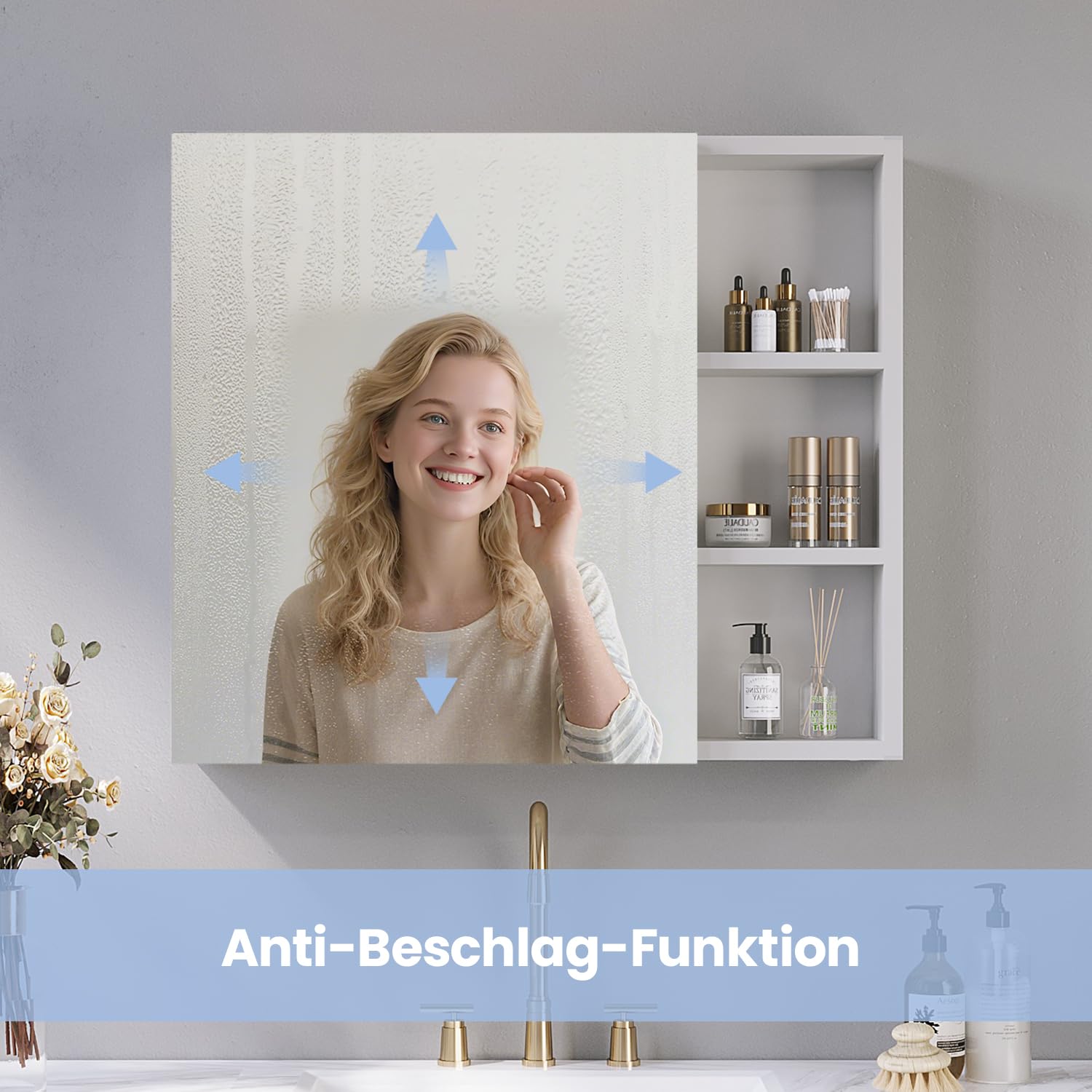 AQUABATOS Spiegelschrank Bad mit Beleuchtung und Steckdose 70 cm breit 60 cm höhe Aluminium Schrank Badspiegel Links offenen Fächern rechts LED Badschrank Infrarot Sensor Antibeschlag dimmbar