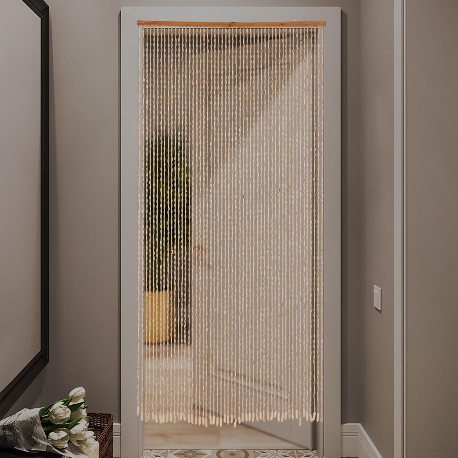 Tenda con perline in bambù, da porta, 52 fili, perline in legno stile retrò, perline naturali, tenda a fili, protezione da insetti e mosche, 90 x 200 cm