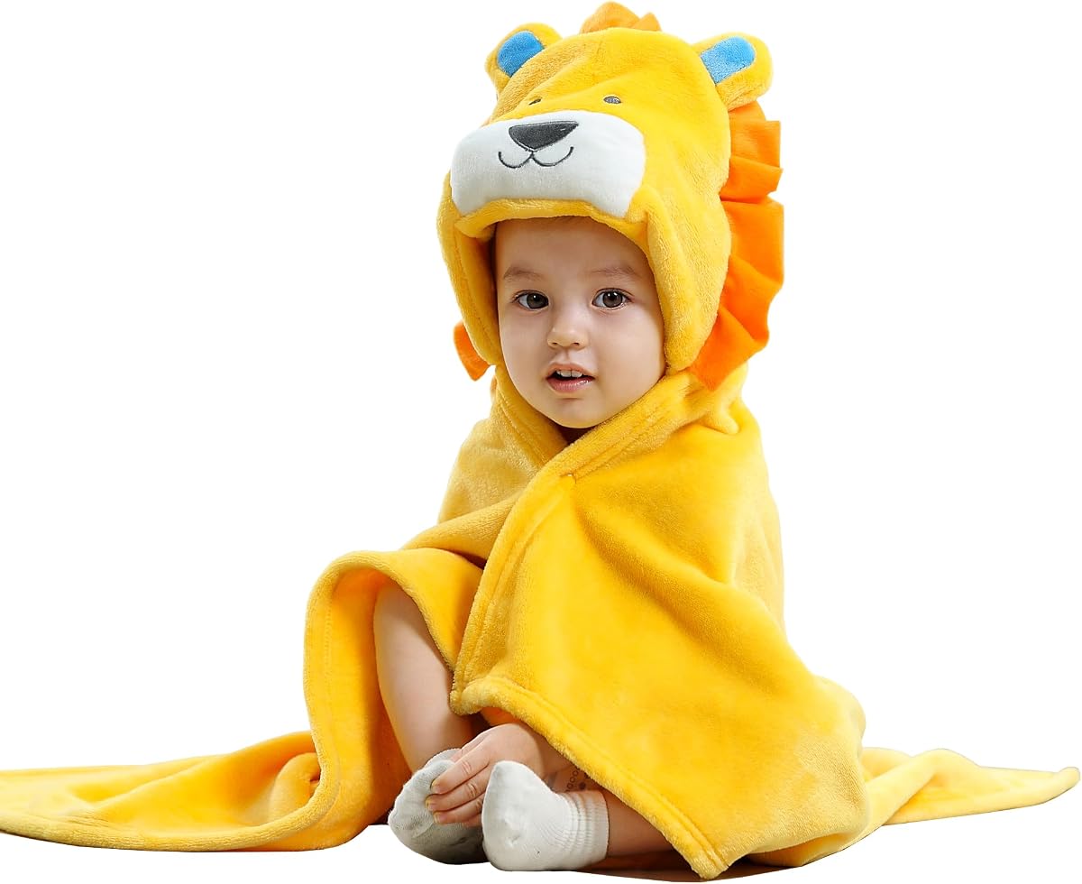 TONWHAR 0-4 Years Toddlers' And Kids' Boys Girls Animal Face Hooded Blanket Baby's Bathrobe,Plush After Bath Blanket (Lion)