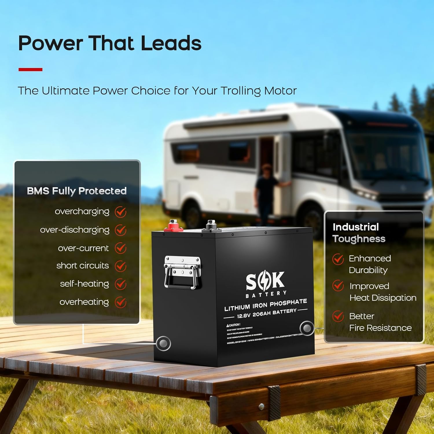 SOK Battery 12V 206Ah LiFePO4 Battery 8000+ Deep Cycles Self-Heating & Support Bluetooth, Smart BMS Removable Design Suitable for RV, Solar Systems, Off-Grid Homes, RVs, Campers, Travel Trailers