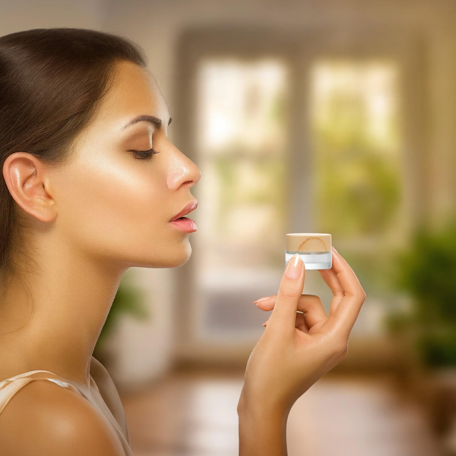 32 barattoli per cosmetici in vetro trasparente, da 5 ml / 0.17 oz, ricaricabili, da viaggio, con coperchi in legno naturale, flaconi vuoti per campioni per lozioni, creme per occhi, balsami, bellezza