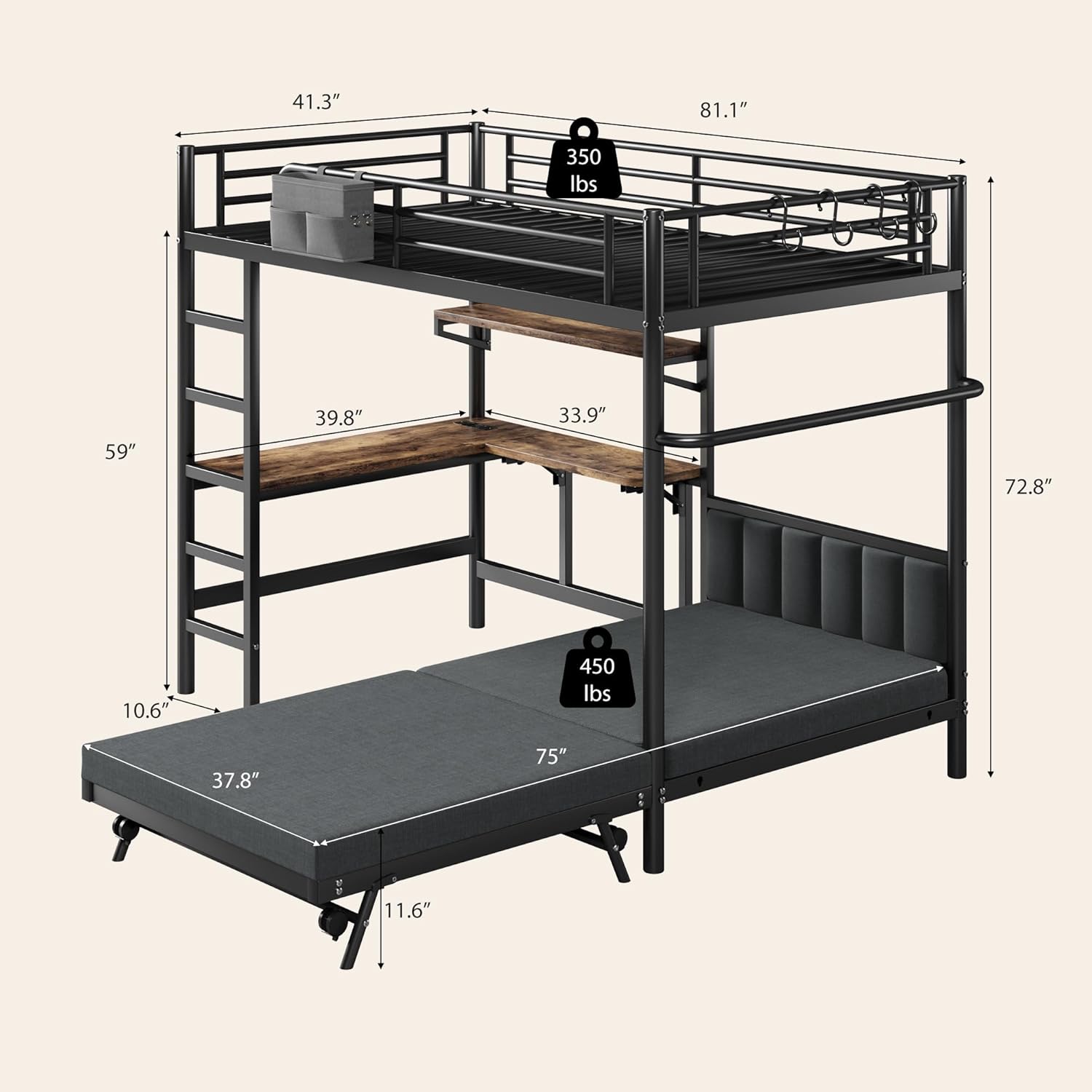 Detailed dimensions of the Jocoevol Twin Loft Bed, including height, width, and length of various components.