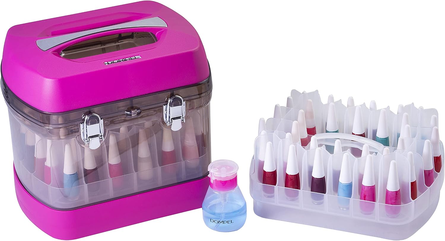 DOMPEL Nail Polish Organizer & Transport Case | Holds 68 Bottles | Bottle 150 ml Acetone | Storage Tools & Accessories | Professional Use | Model 994 Color Pink.