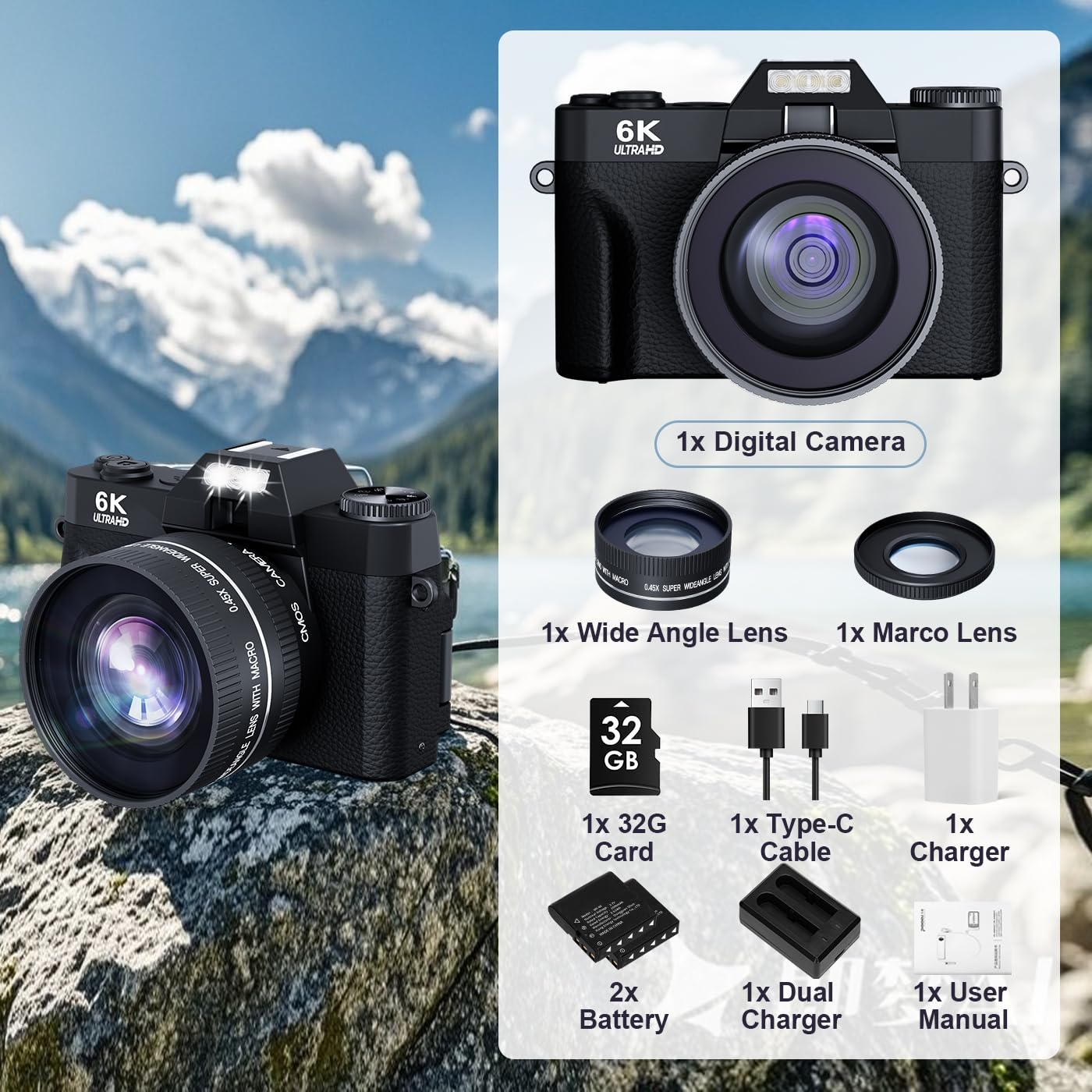 Fotocamera digitale 6K 64MP per Fotografia Vlogging Camera per YouTube, Flip Screen 180°, Zoom 16X Autofocus, Fotocamera compatta da viaggio per adolescenti, con obiettivo da 52 mm, 2 batterie, scheda