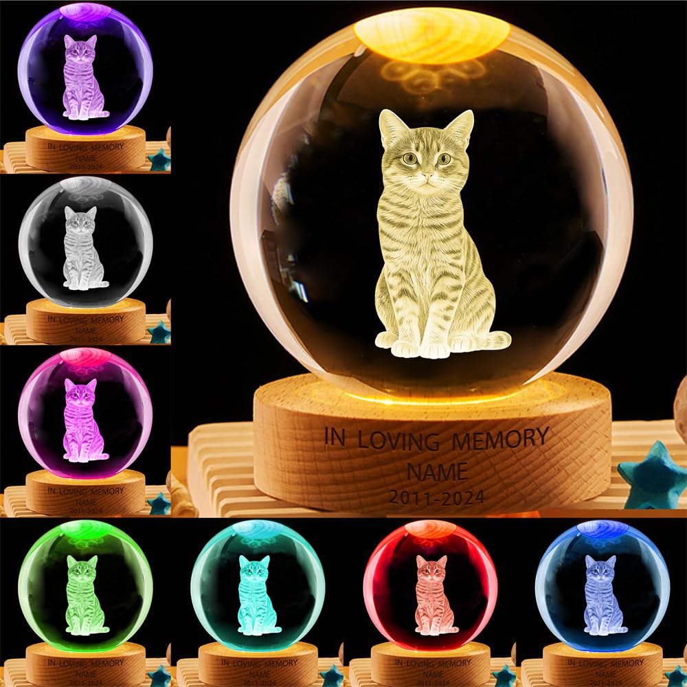 MYZQIFF Personalized Cat Dog Pet Photo Memorial Crystal Globe Lamp, Custom Picture 3D Memory Crystal Ball Night Light Keepsake,Remembrance Sympathy Gift for Loss of Dog Pet