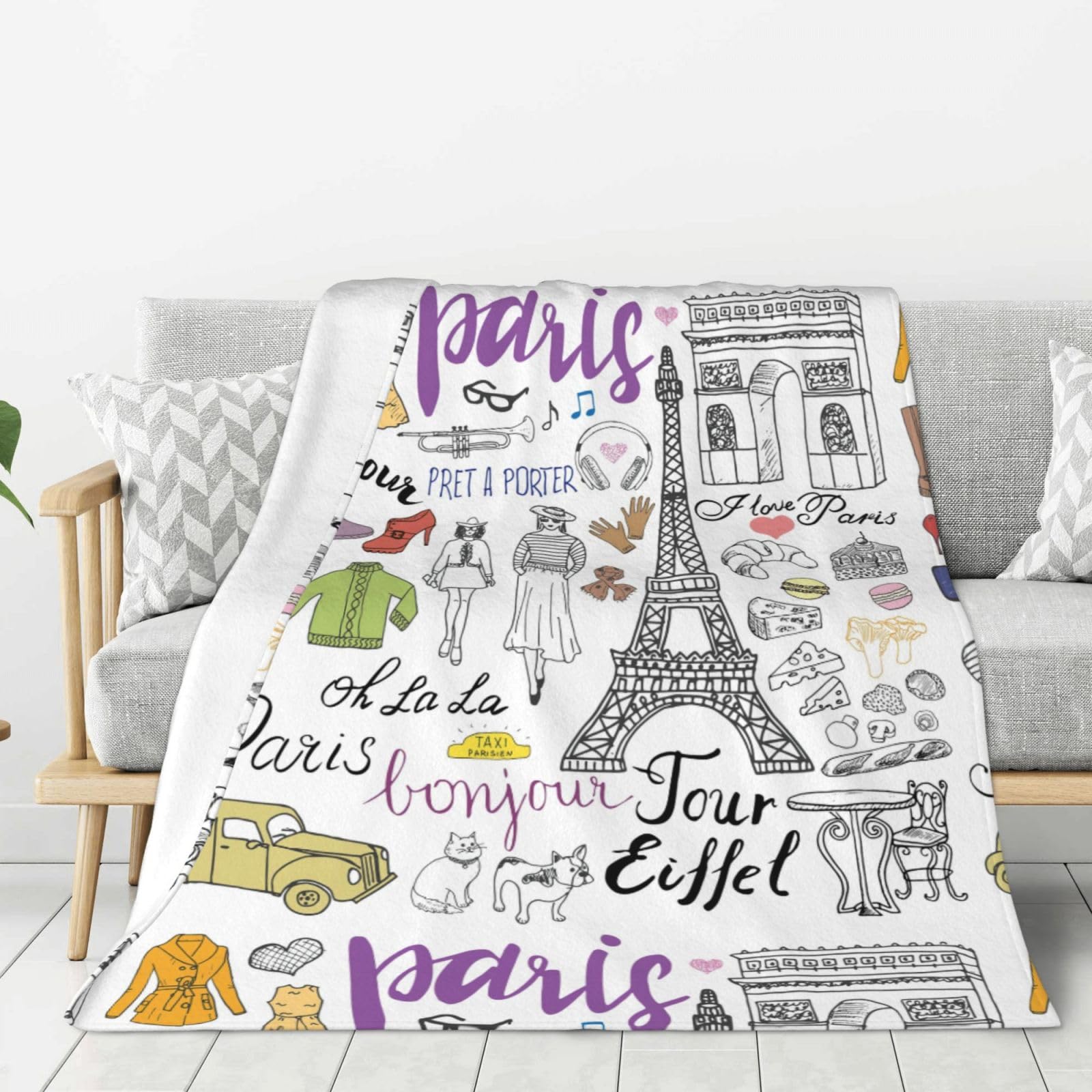Couverture chaude flanelle Tour Eiffel contre le froid sur lit et canapé
