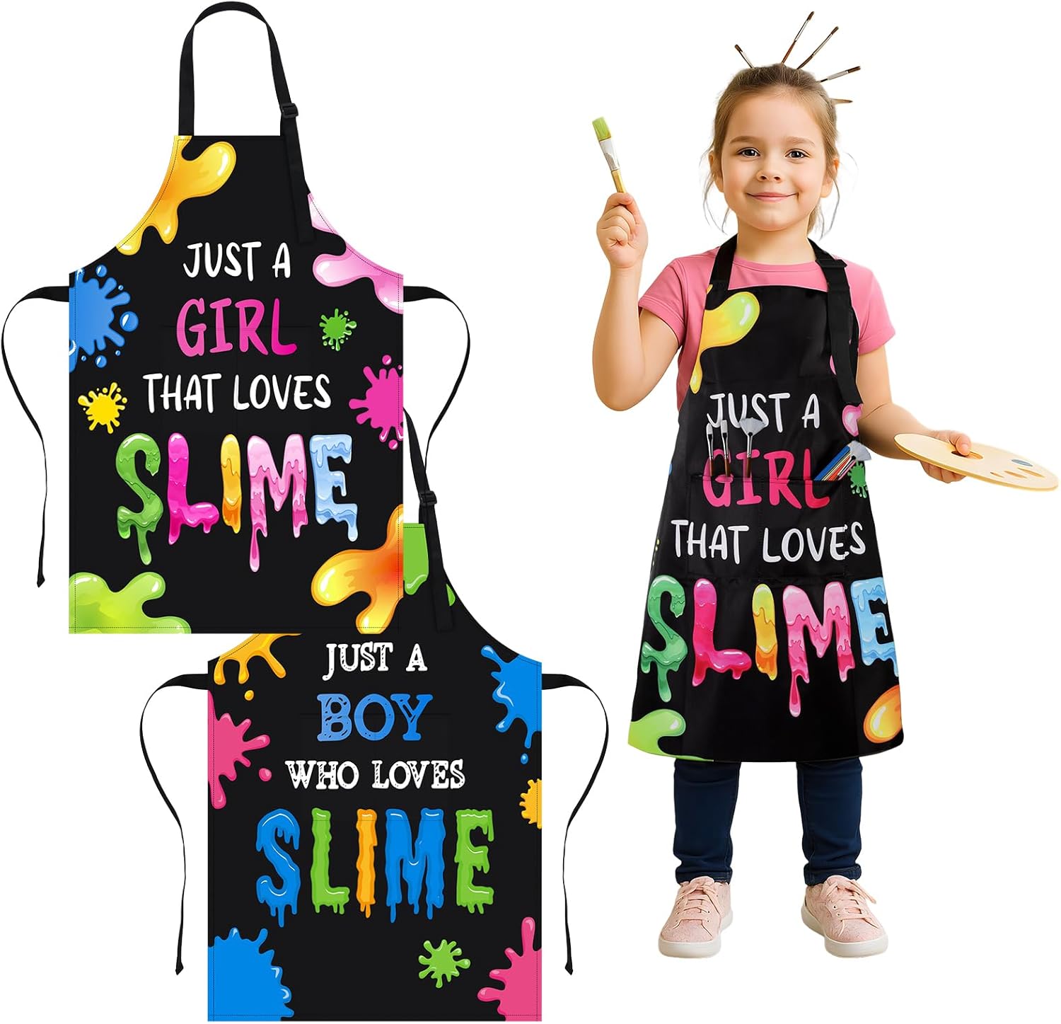 2pcs Slime Apron for Kids Aged 6-12 Kids, Waterproof Funny Slime Apron with Pockets, Kitchen Adjustable Aprons for Girls Boys Baking Cooking Gardening Party