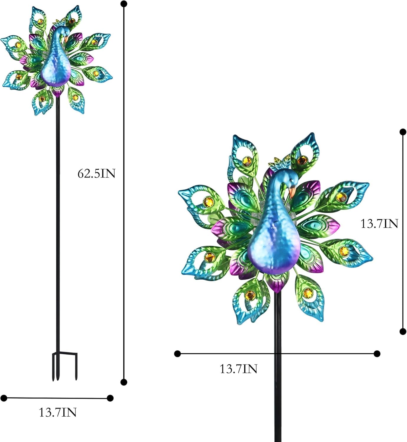 Peacock Solar Wind Spinner, 62Inch Double Wind Sculpture with Color Changing LED Light, Wind Sculptures & Spinners Outdoor Metal Stake Yard Spinners