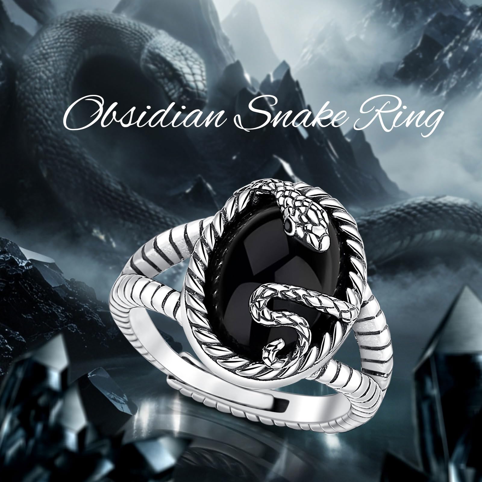 AEONSLOVE Anillo Dragón/Calavera Gótica Ajustable Plata de Ley 925 para Hombre Mujer, Anillos Runas Vikingas con Vegvisir Abiertos, Anillo Serpiente Obsidiana/Tetragramaton Pentagrama Vintage